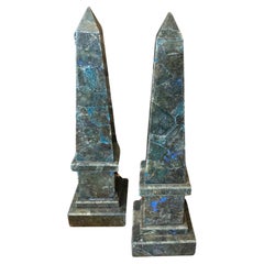 Retro 19th Century Set of Two Green Marble and Lapis lazuli Assembled Italian Obelisks