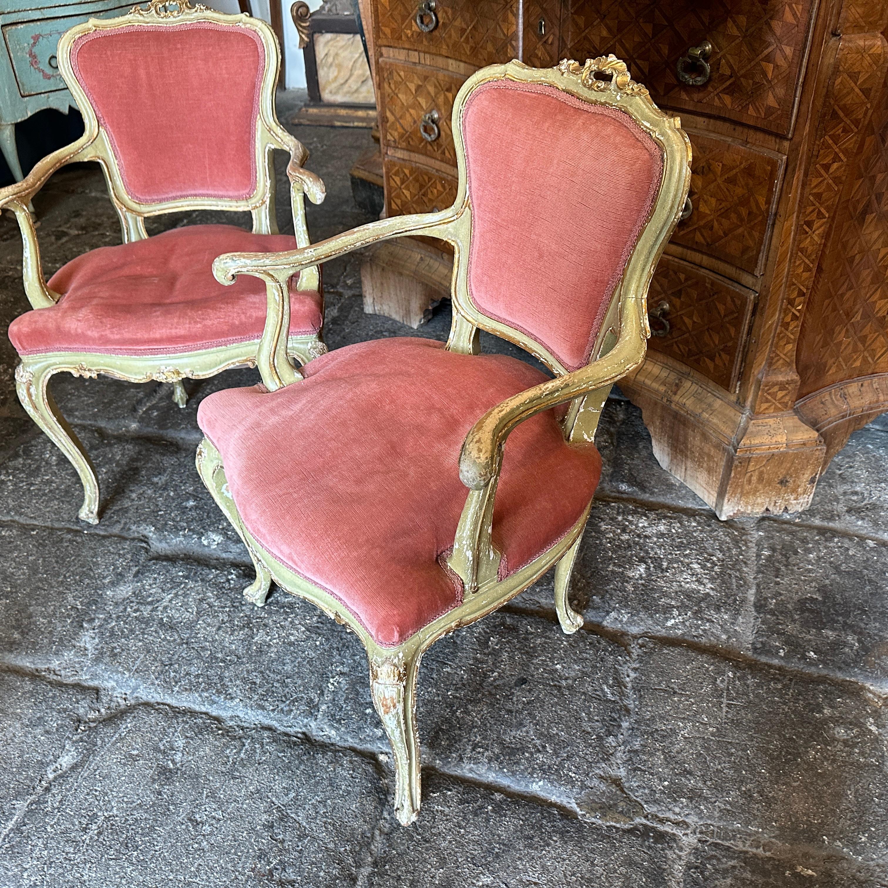 Italian 19th Century Set of Two Green Lacquered Wood Venetian Armchairs