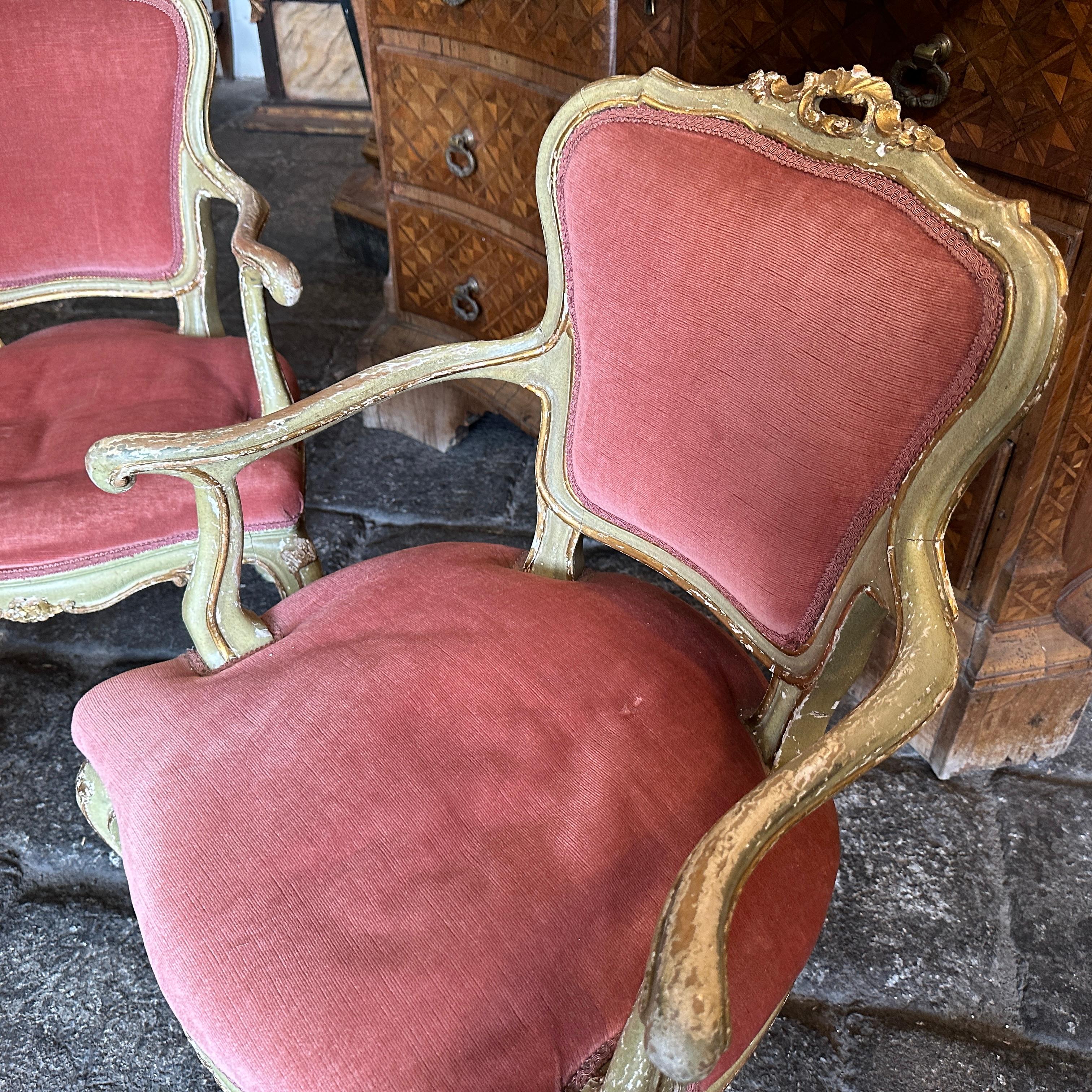 19th Century Set of Two Green Lacquered Wood Venetian Armchairs In Good Condition In Catania, Sicilia