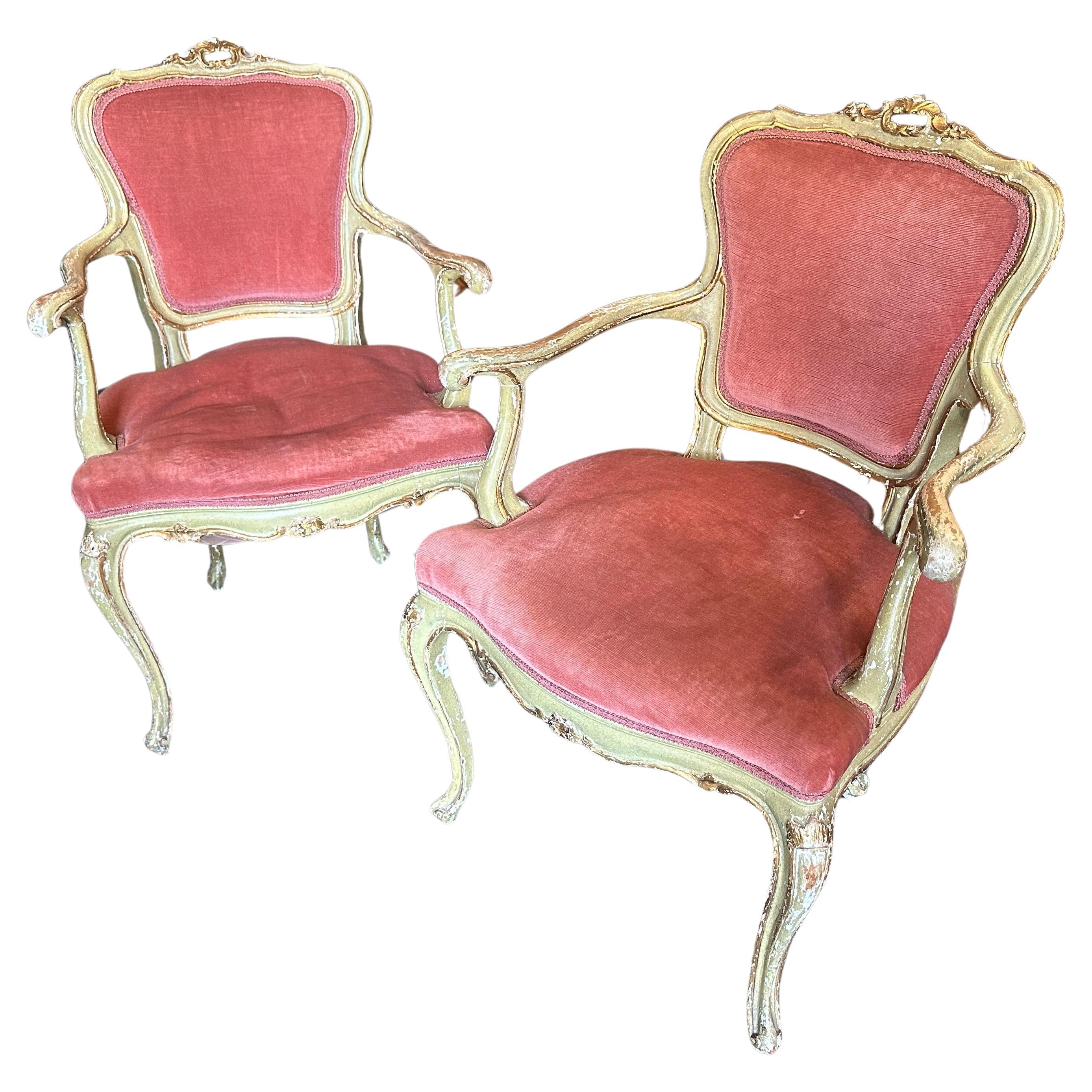 19th Century Set of Two Green Lacquered Wood Venetian Armchairs For Sale