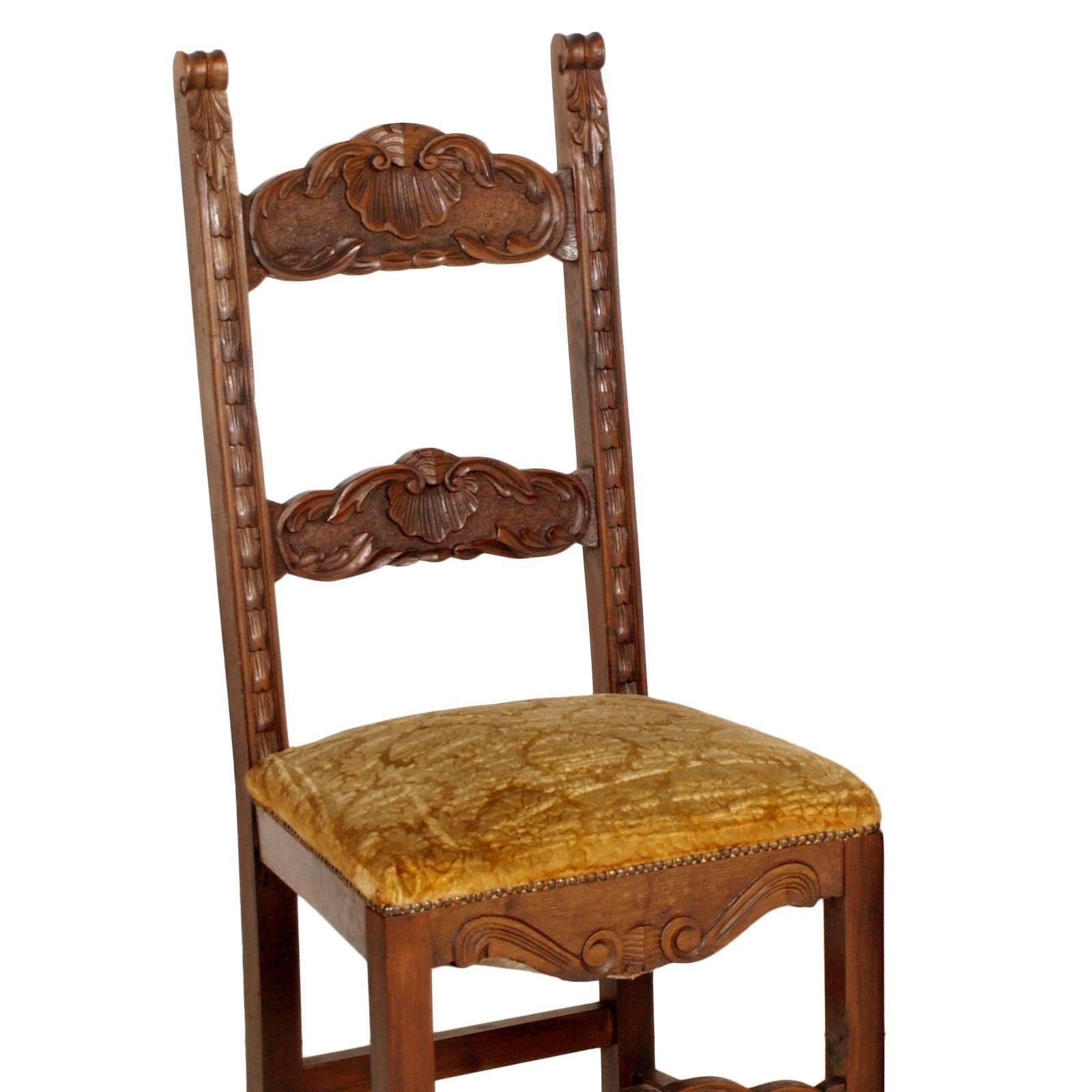 Italian 19th Century Set Six Renaissance Chairs in Hand-Carved Walnut, Spring Seat For Sale