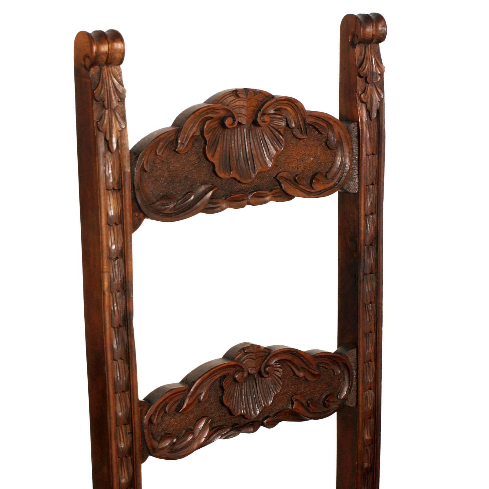 Velvet 19th Century Set Six Renaissance Chairs in Hand-Carved Walnut, Spring Seat For Sale