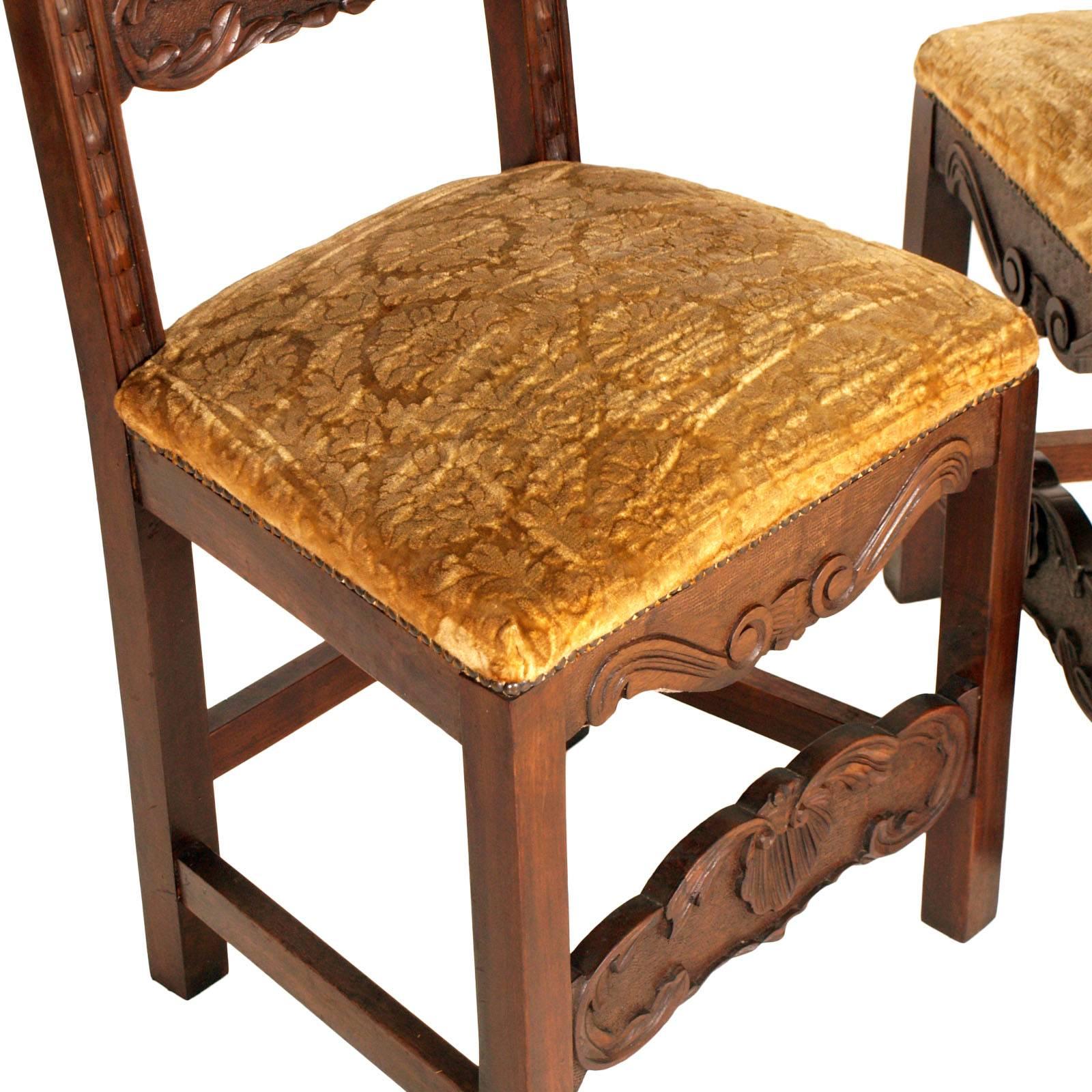 19th Century Set Six Renaissance Chairs in Hand-Carved Walnut, Spring Seat For Sale 1