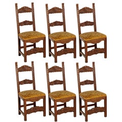 19th Century Set Six Renaissance Chairs in Hand-Carved Walnut, Spring Seat