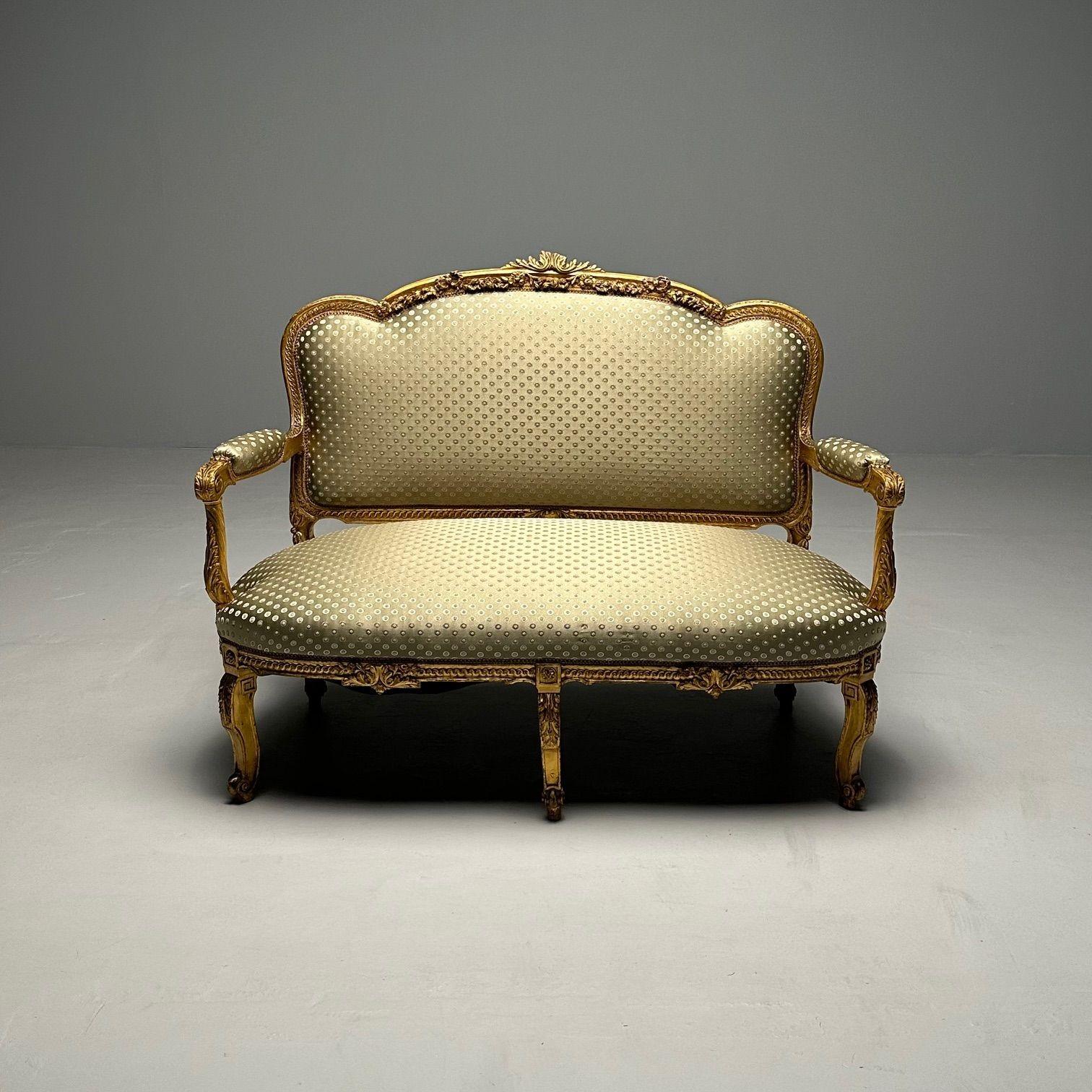 19th Century Settee / Canape, Durand, Louis XV, Giltwood, New Handwoven Scalamandre Upholstery.
A charming Louis the XV settee comprised of a stunningly carved 19th century giltwood settee from the French house of Gervais Durand, unsigned. The whole