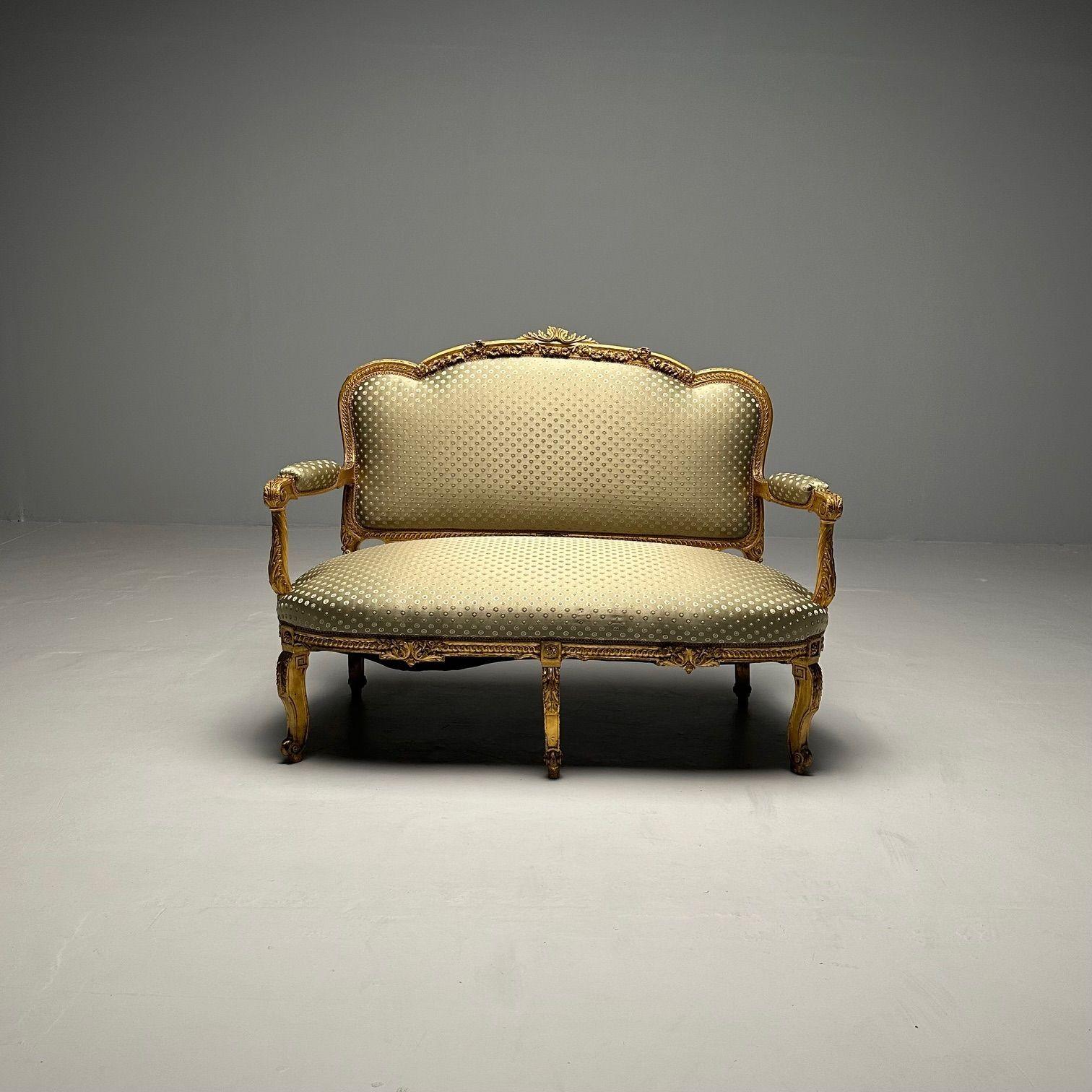 Settee / Canape aus dem 19. Jahrhundert, Durand, Louis XV.-Sessel, vergoldetes Holz, Scalamandre-Polsterung (Französisch) im Angebot