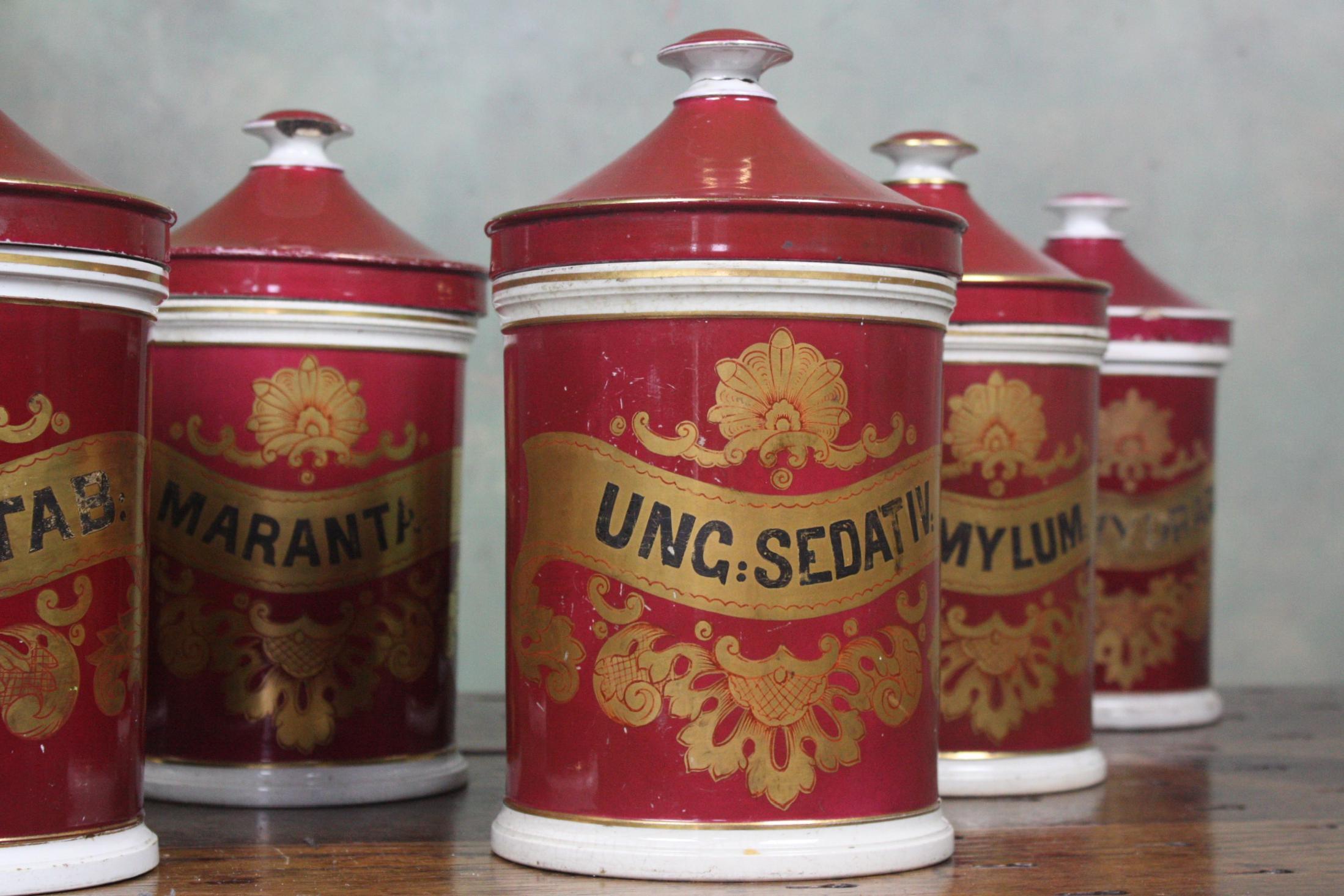 Victorian 19th Century Seven Crimson Pharmacy Apothecary Chemist Dispensing Jars