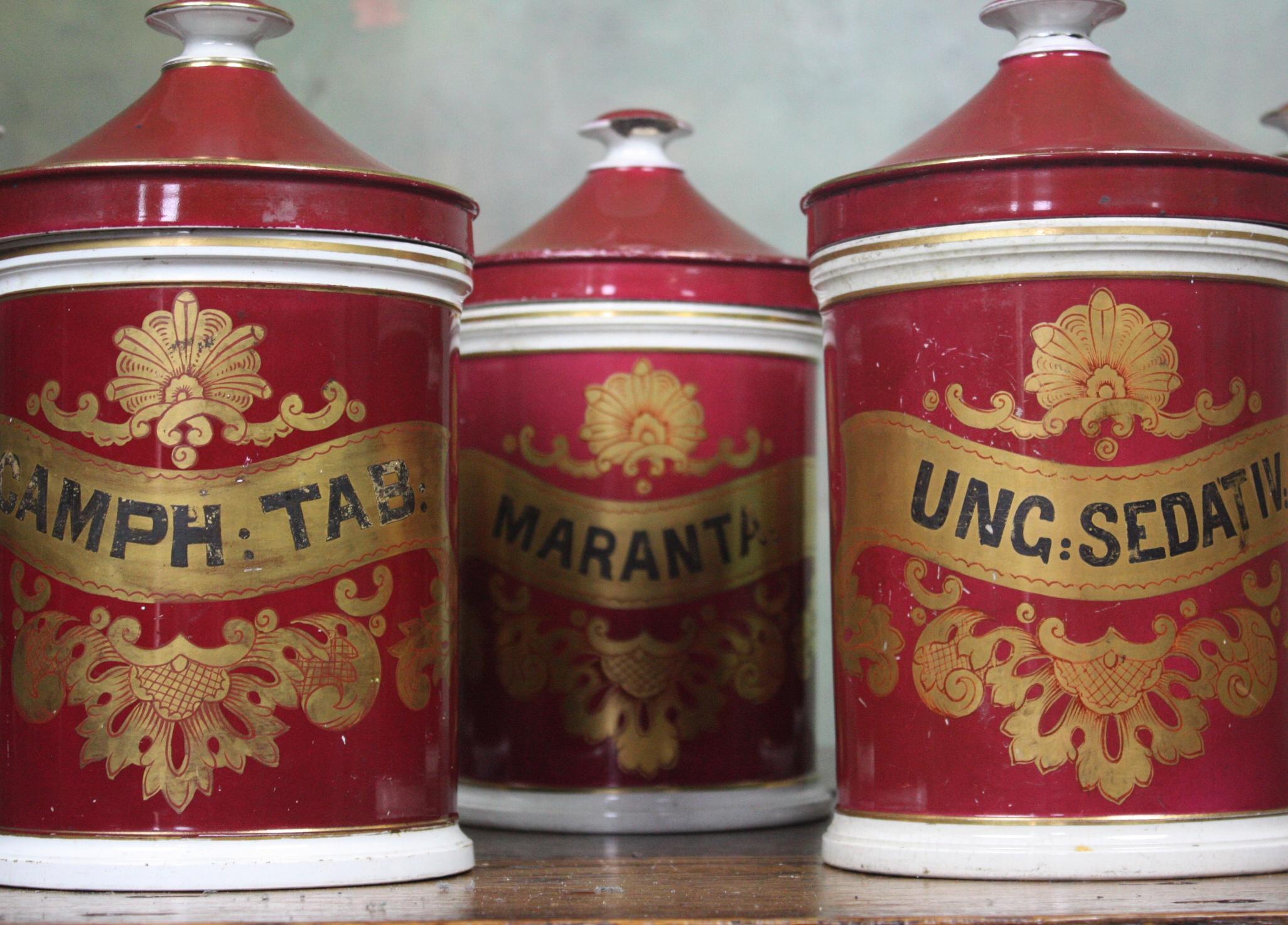English 19th Century Seven Crimson Pharmacy Apothecary Chemist Dispensing Jars