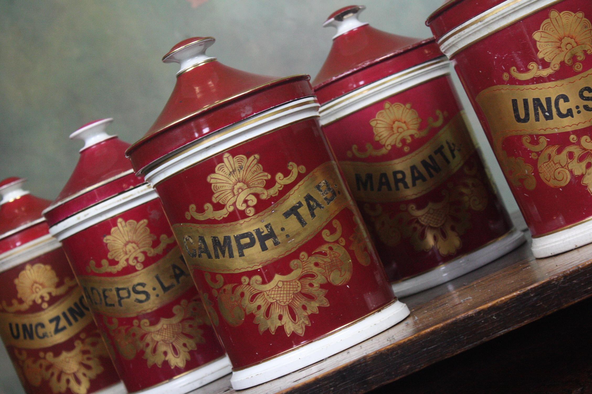 Glazed 19th Century Seven Crimson Pharmacy Apothecary Chemist Dispensing Jars