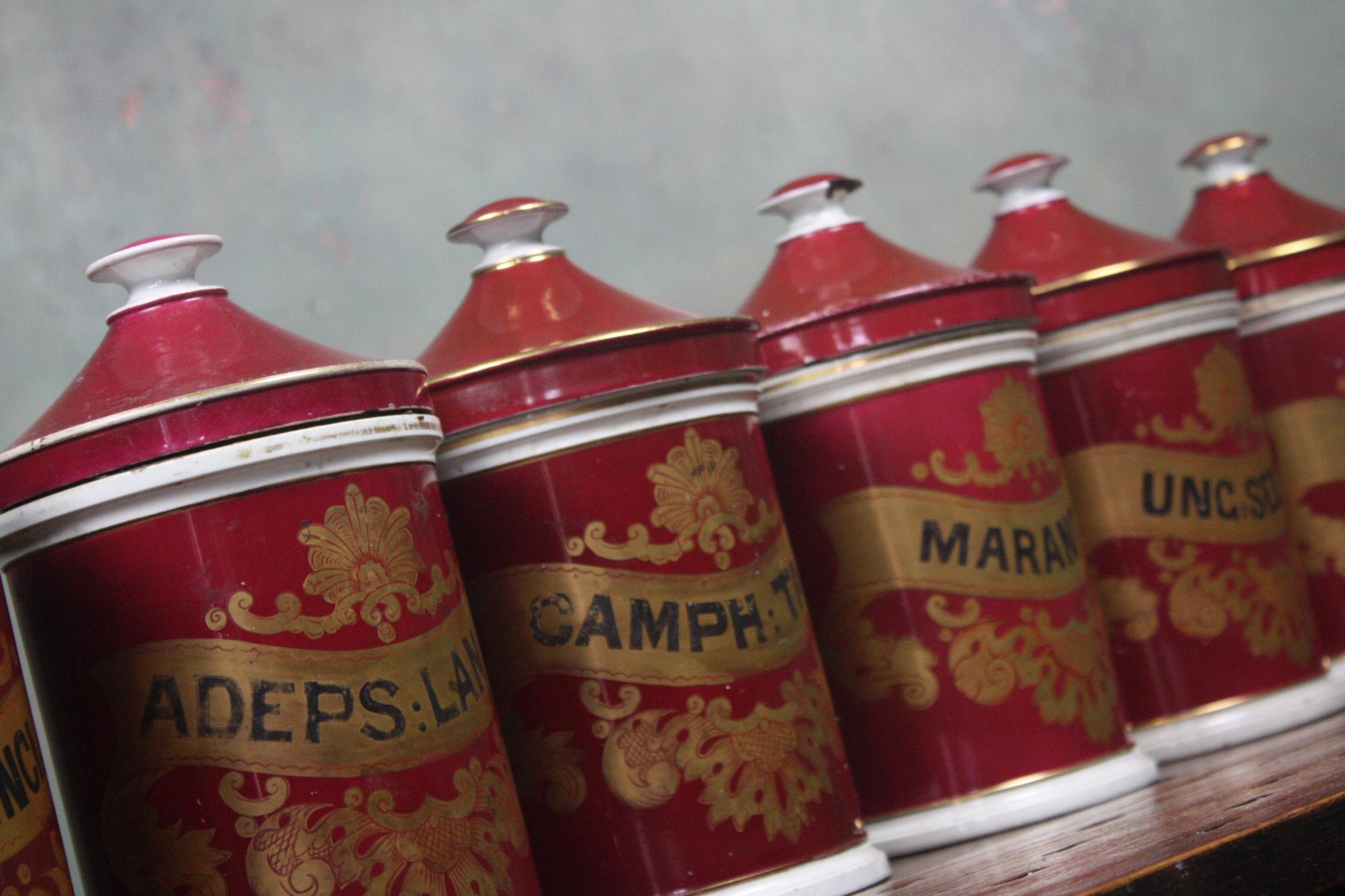 19th Century Seven Crimson Pharmacy Apothecary Chemist Dispensing Jars 1