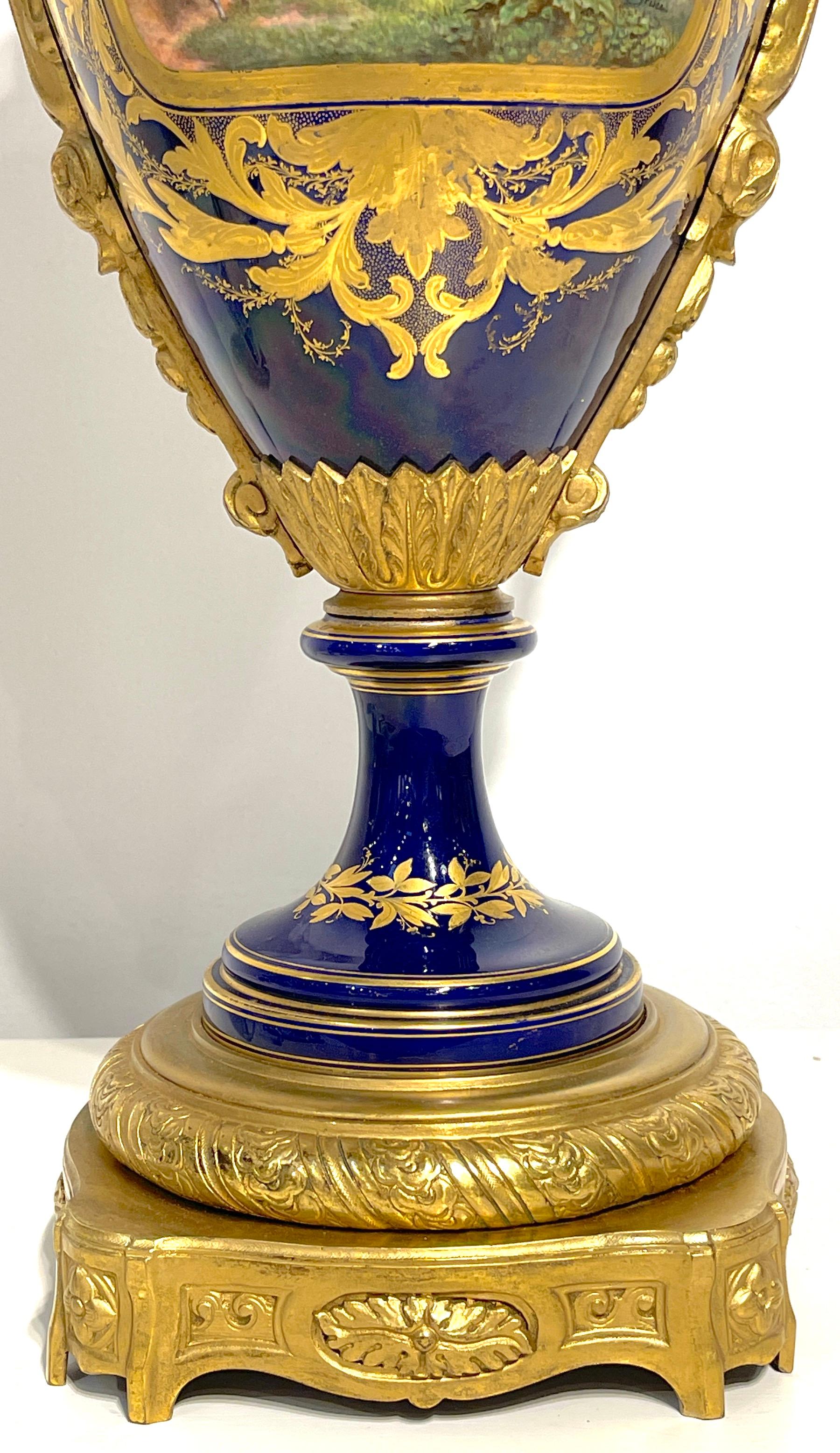 19th Century Sevres Cobalt & Ormolu Louis XIII Hunt Scene Vase & Cover For Sale 4