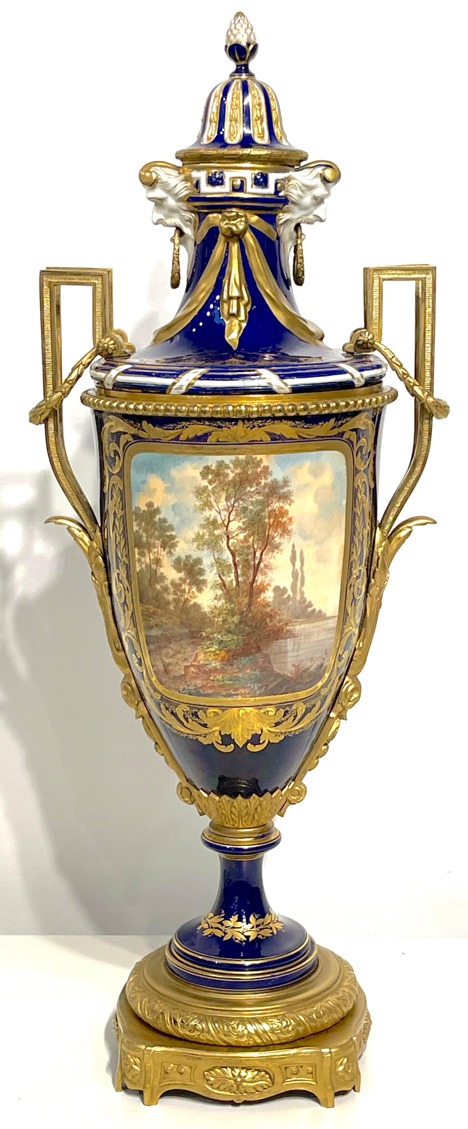 19th Century Sevres Cobalt & Ormolu Louis XIII Hunt Scene Vase & Cover For Sale 5