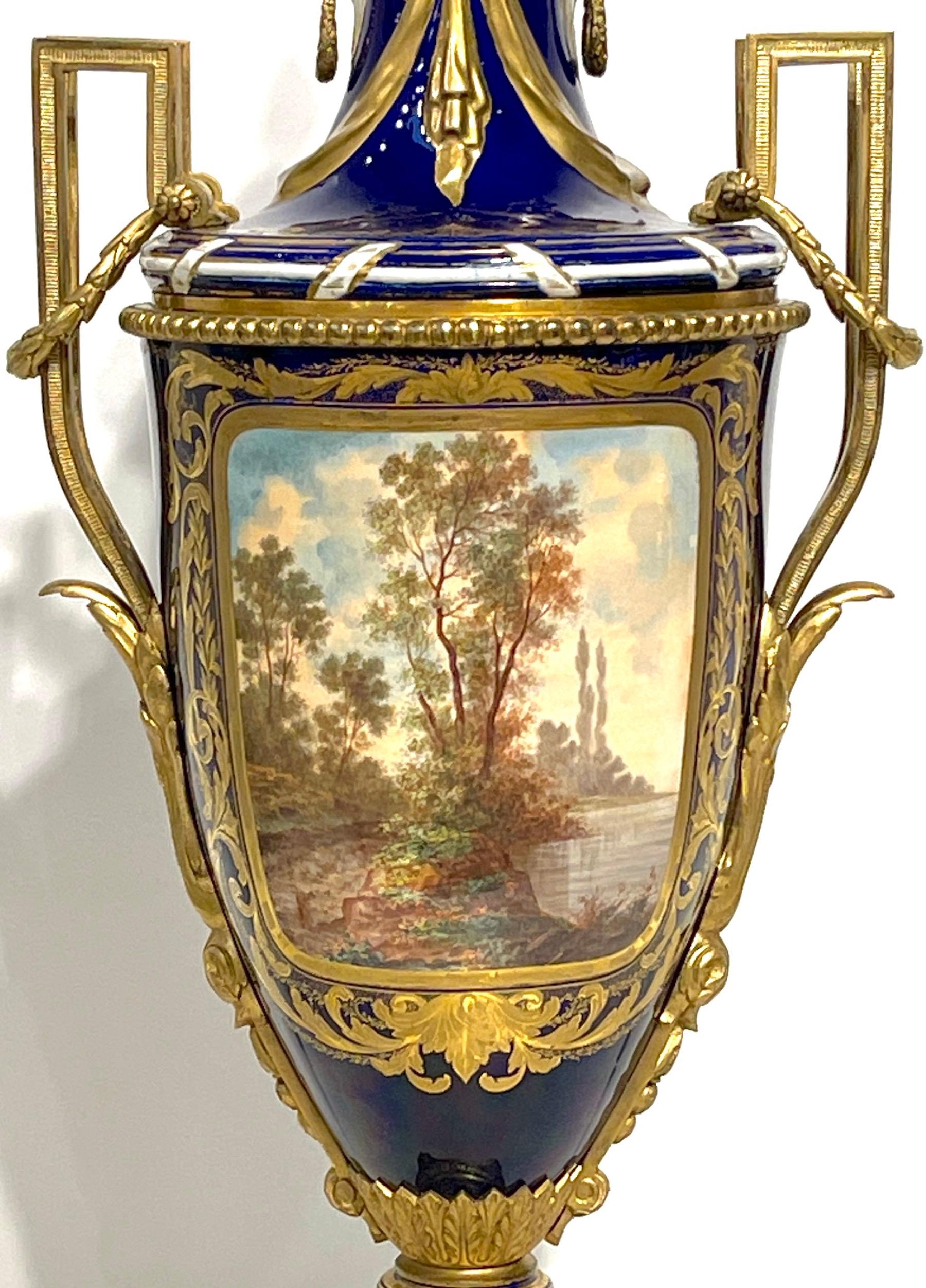 19th Century Sevres Cobalt & Ormolu Louis XIII Hunt Scene Vase & Cover For Sale 6