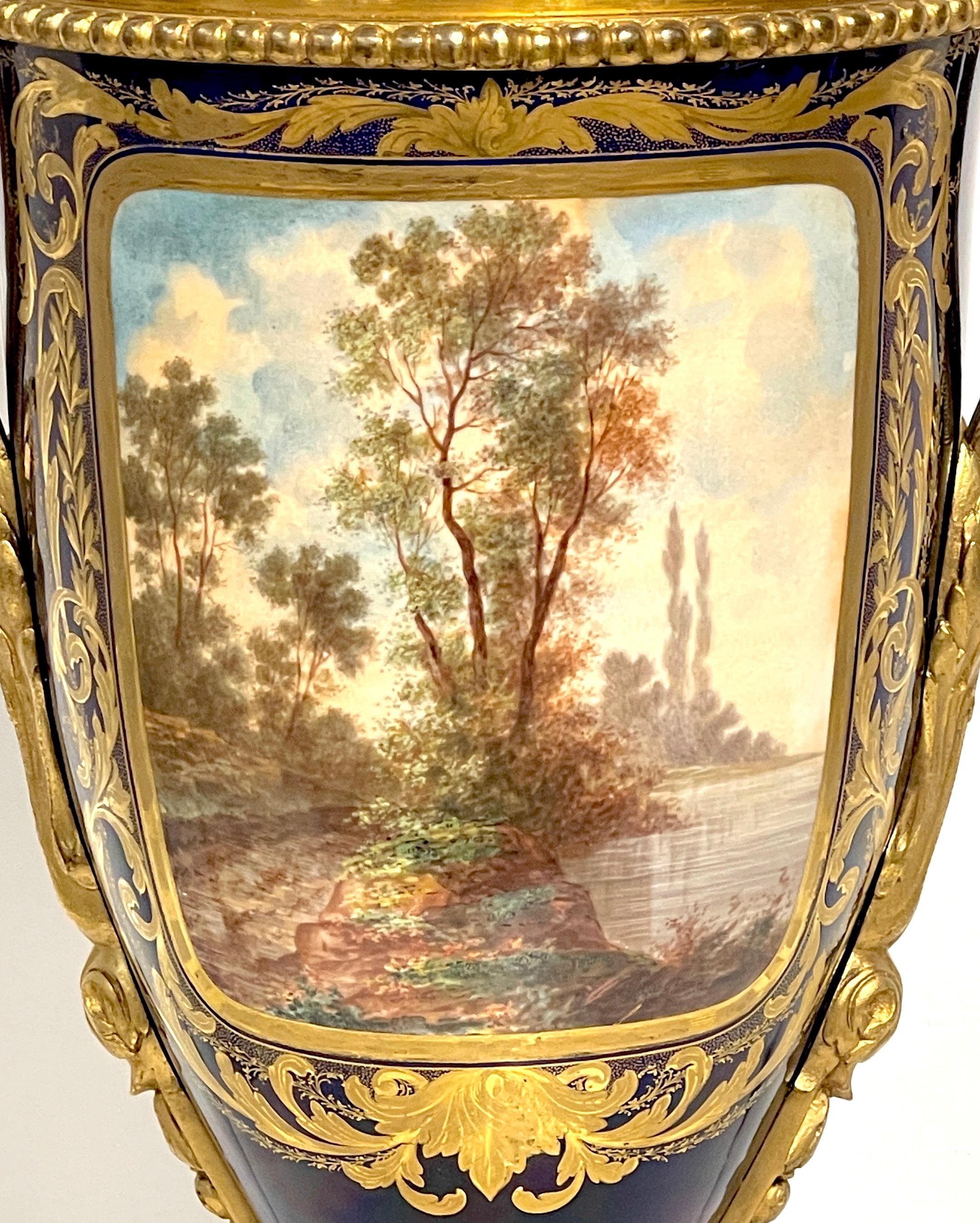 19th Century Sevres Cobalt & Ormolu Louis XIII Hunt Scene Vase & Cover For Sale 7