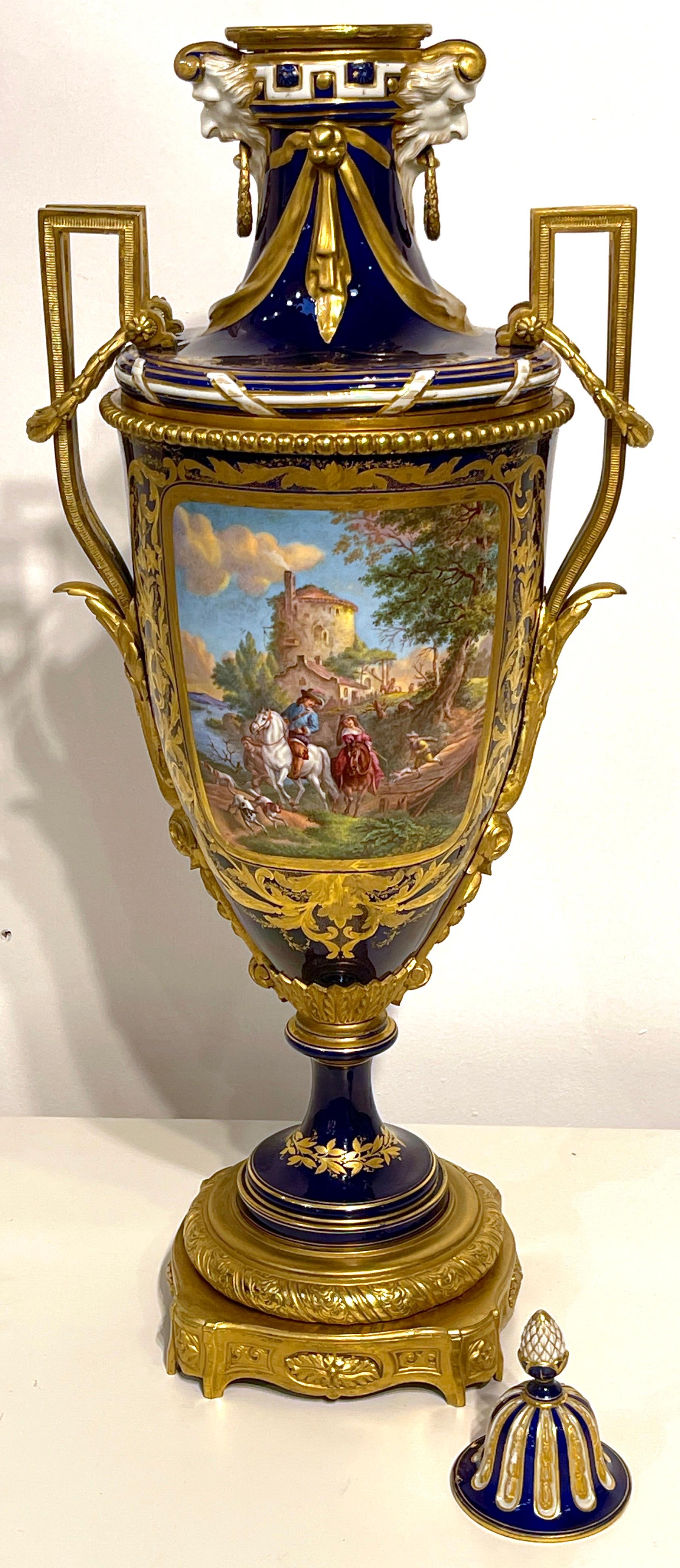 19th Century Sevres Cobalt & Ormolu Louis XIII Hunt Scene Vase & Cover For Sale 9