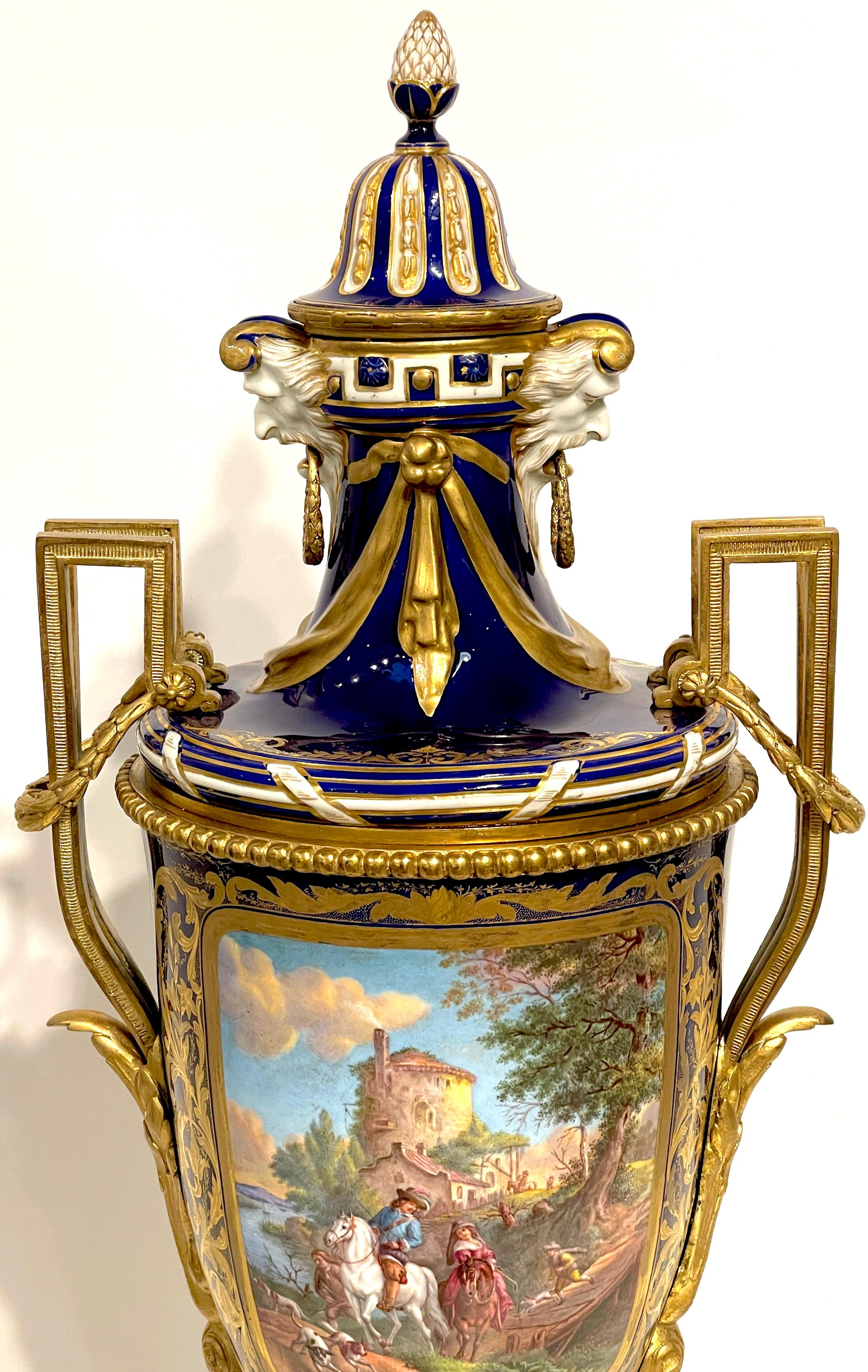 French 19th Century Sevres Cobalt & Ormolu Louis XIII Hunt Scene Vase & Cover For Sale