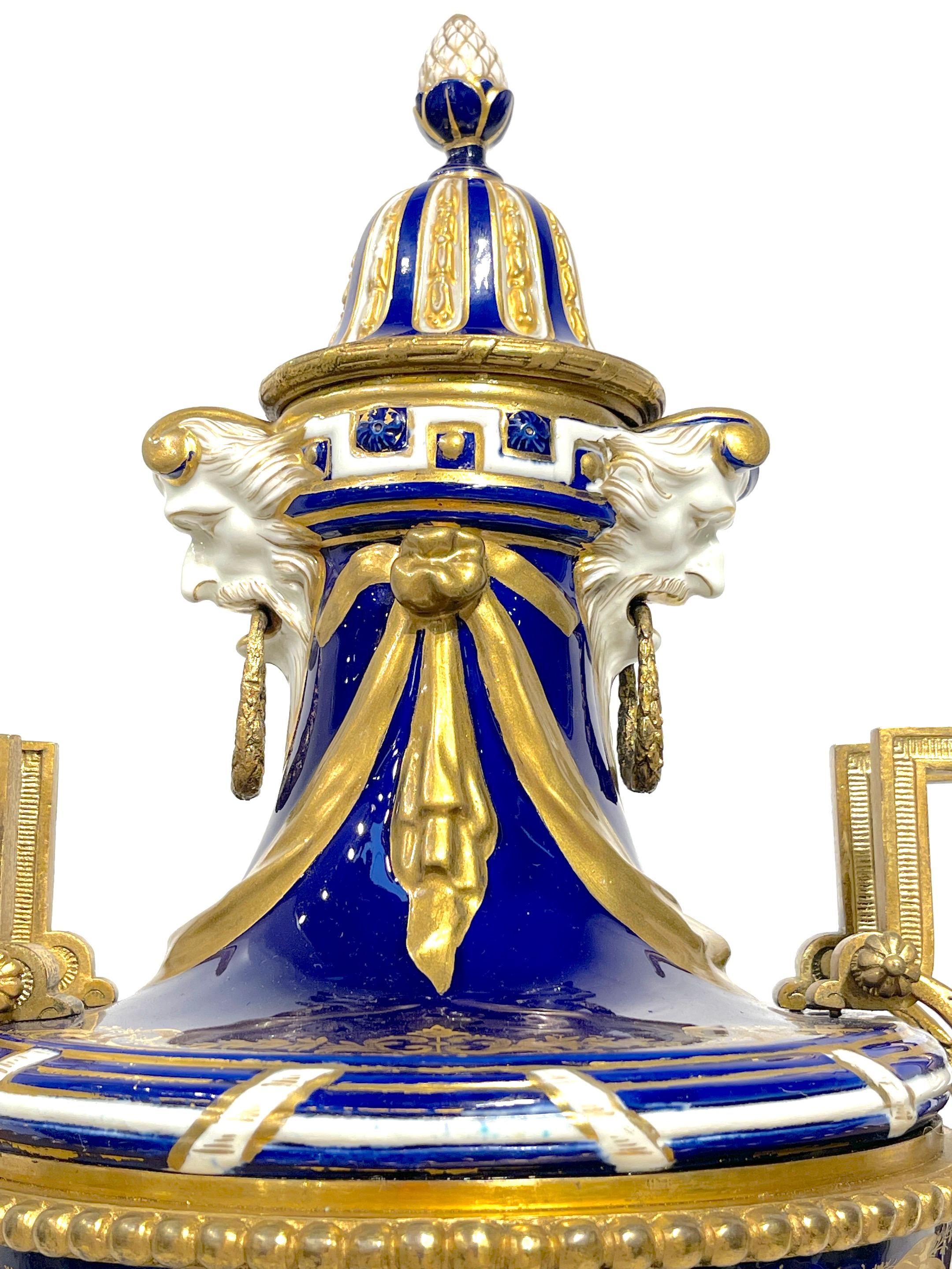 19th Century Sevres Cobalt & Ormolu Louis XIII Hunt Scene Vase & Cover In Good Condition For Sale In West Palm Beach, FL