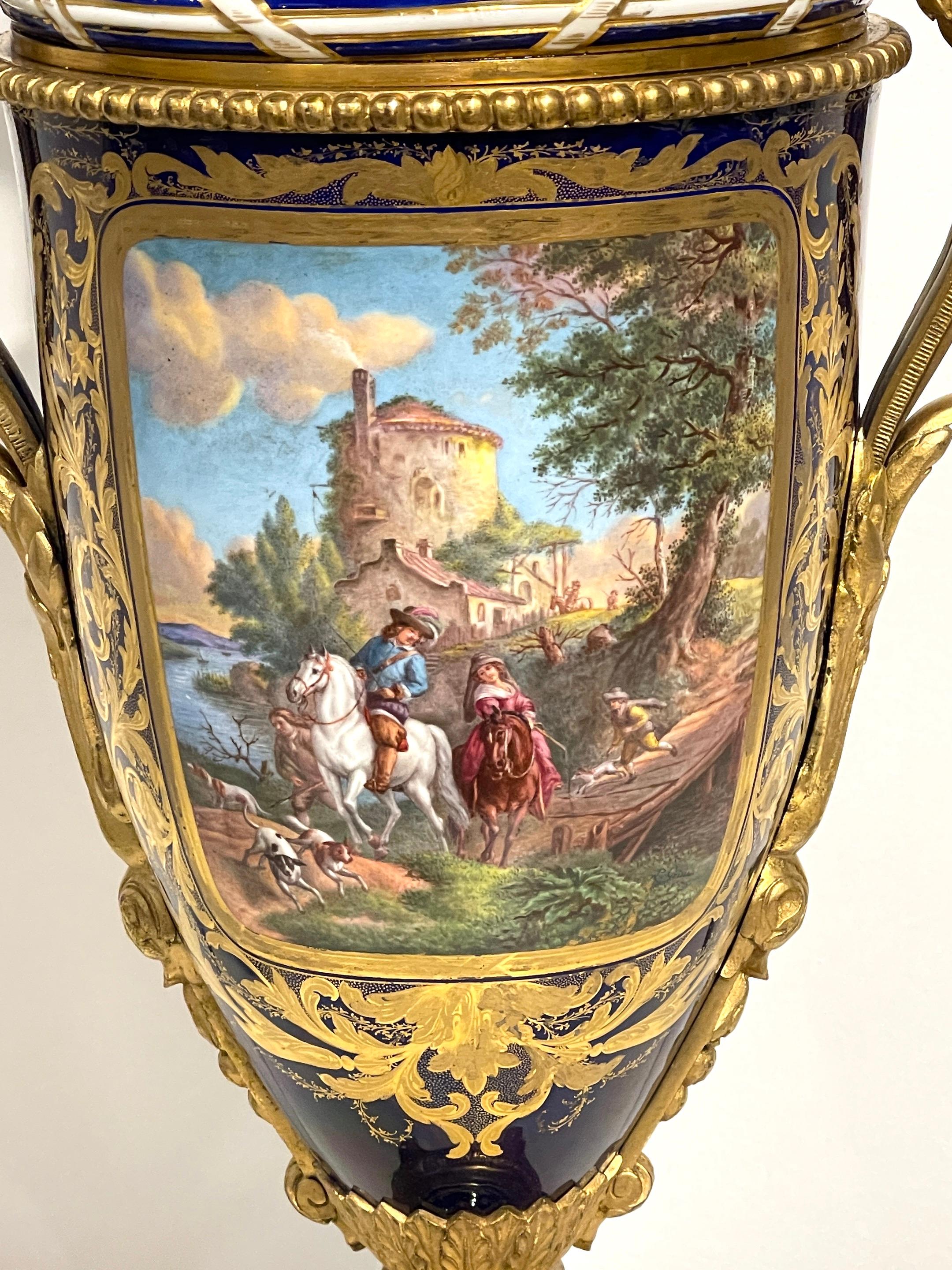 Porcelain 19th Century Sevres Cobalt & Ormolu Louis XIII Hunt Scene Vase & Cover For Sale