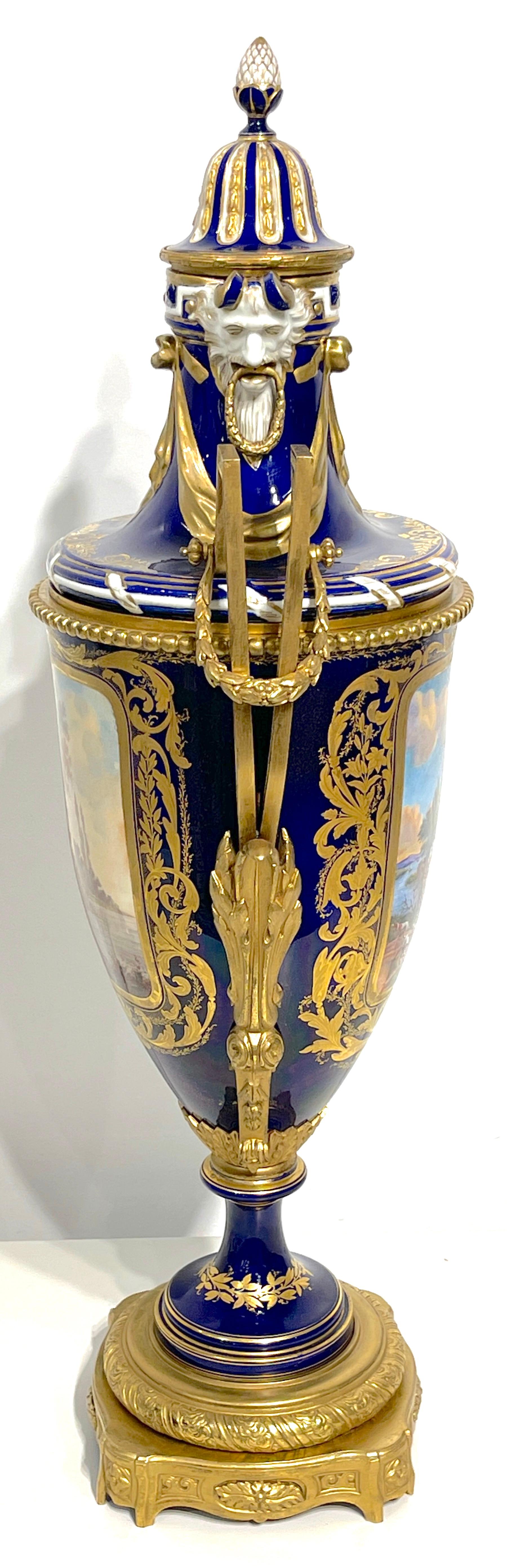 19th Century Sevres Cobalt & Ormolu Louis XIII Hunt Scene Vase & Cover For Sale 2