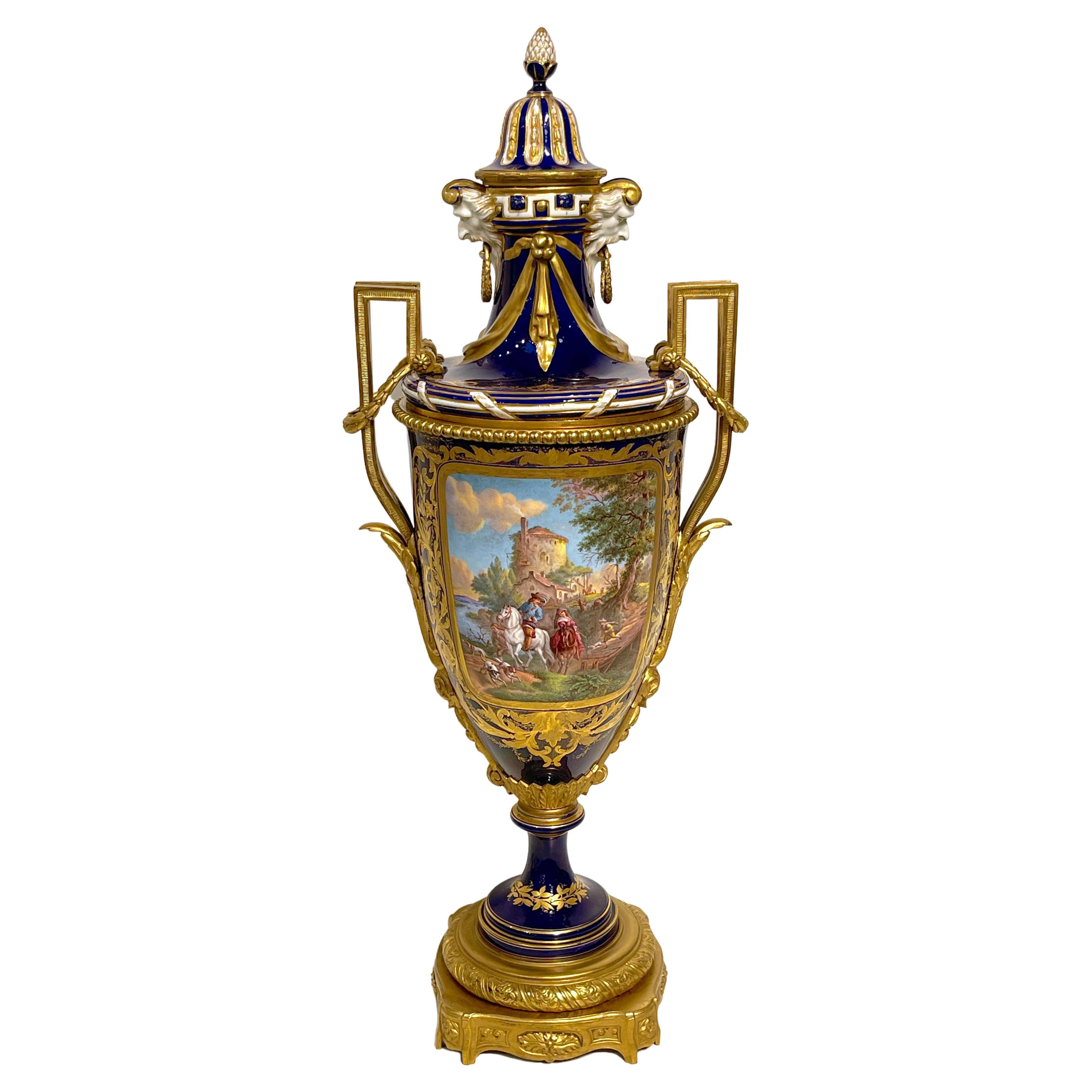 19th Century Sevres Cobalt & Ormolu Louis XIII Hunt Scene Vase & Cover For Sale