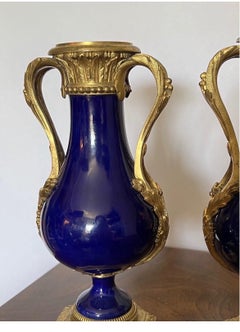 19th Century Sevres Cobalt & Ormolu Mounted Bronze Urns, Pair