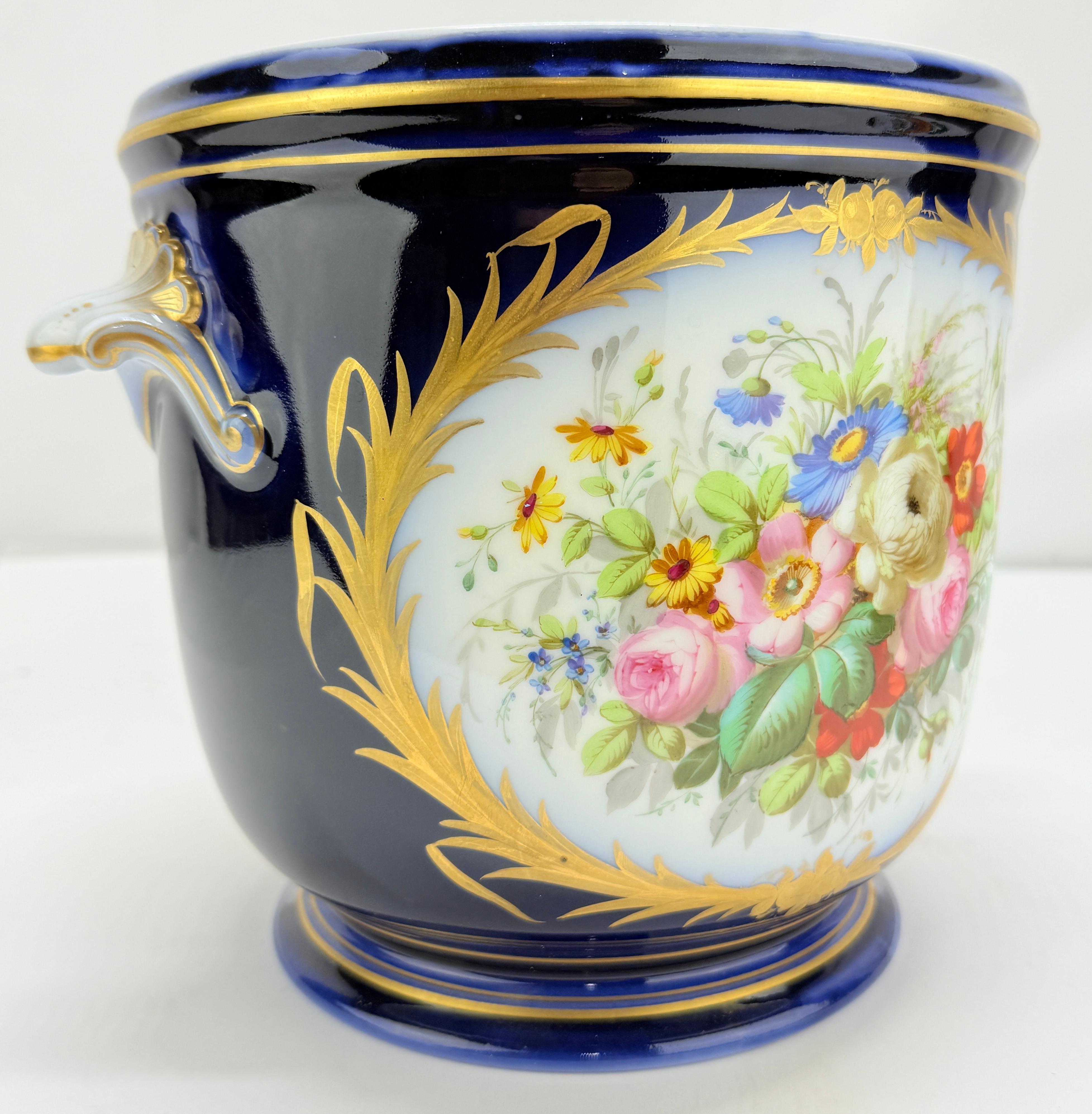 Louis XV 19th Century, Sevres Cobalt Porcelain & Hand Painted Jardiniere or Cache Pot For Sale
