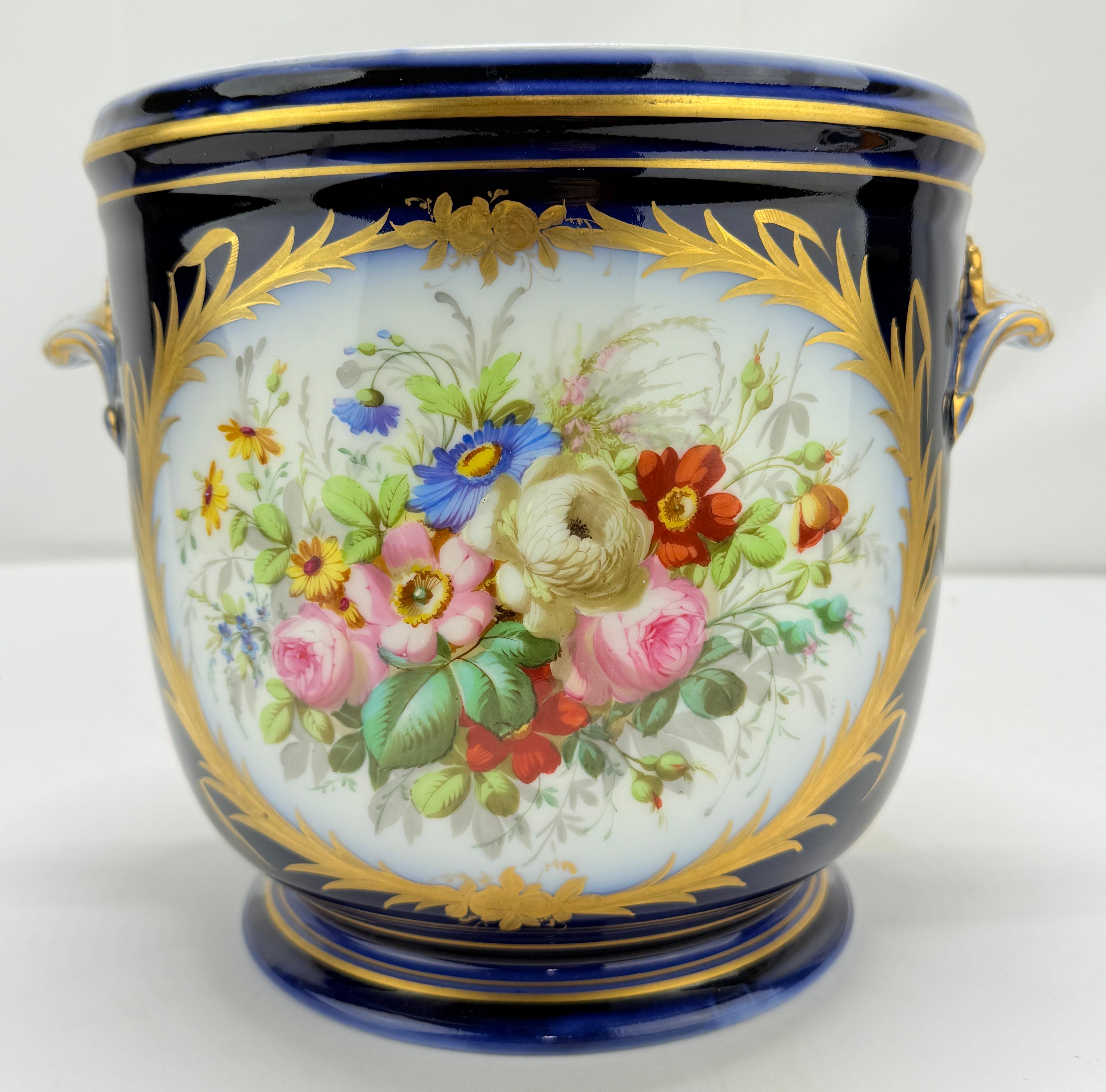 French 19th Century, Sevres Cobalt Porcelain & Hand Painted Jardiniere or Cache Pot For Sale
