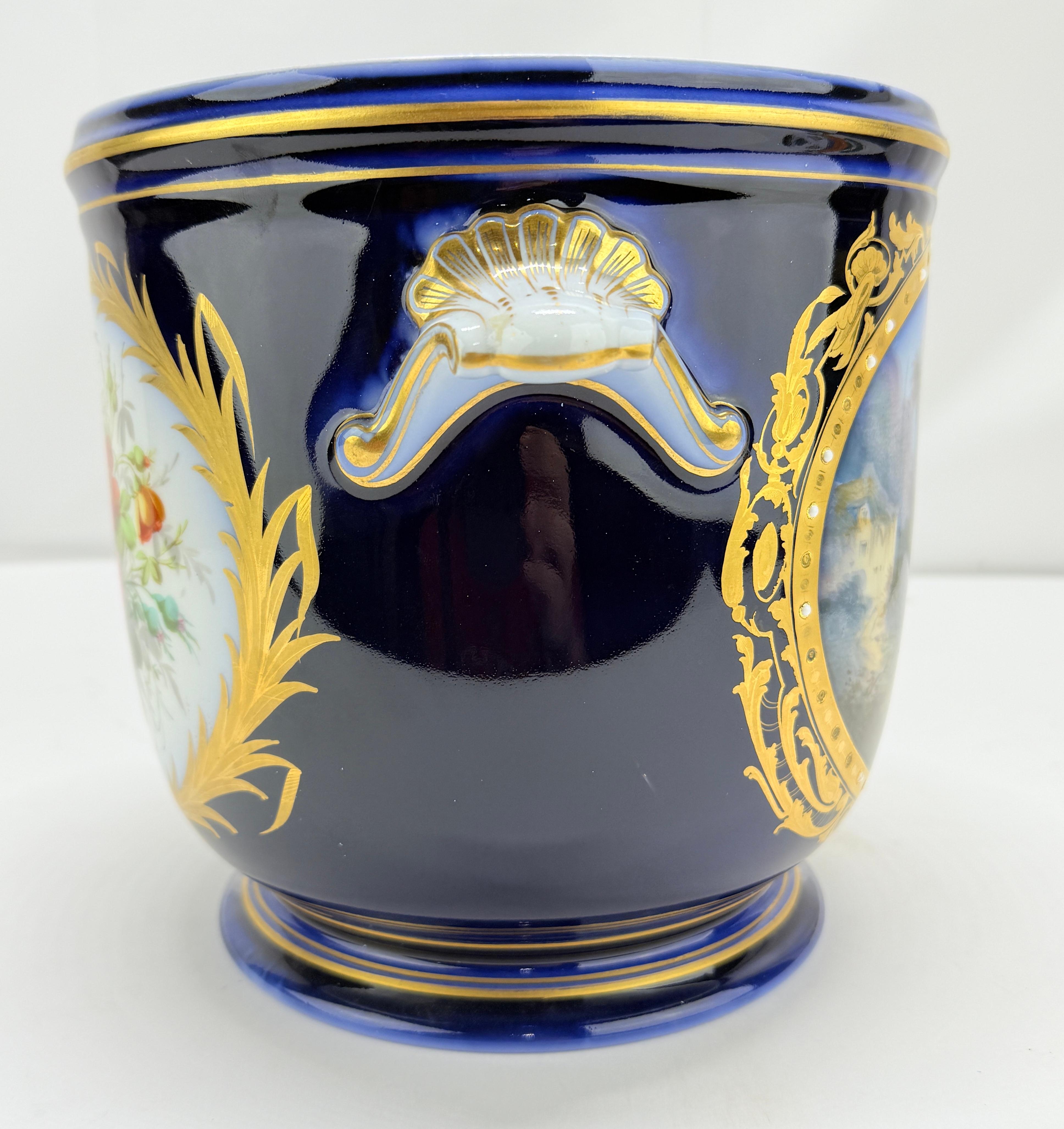 Enamel 19th Century, Sevres Cobalt Porcelain & Hand Painted Jardiniere or Cache Pot For Sale