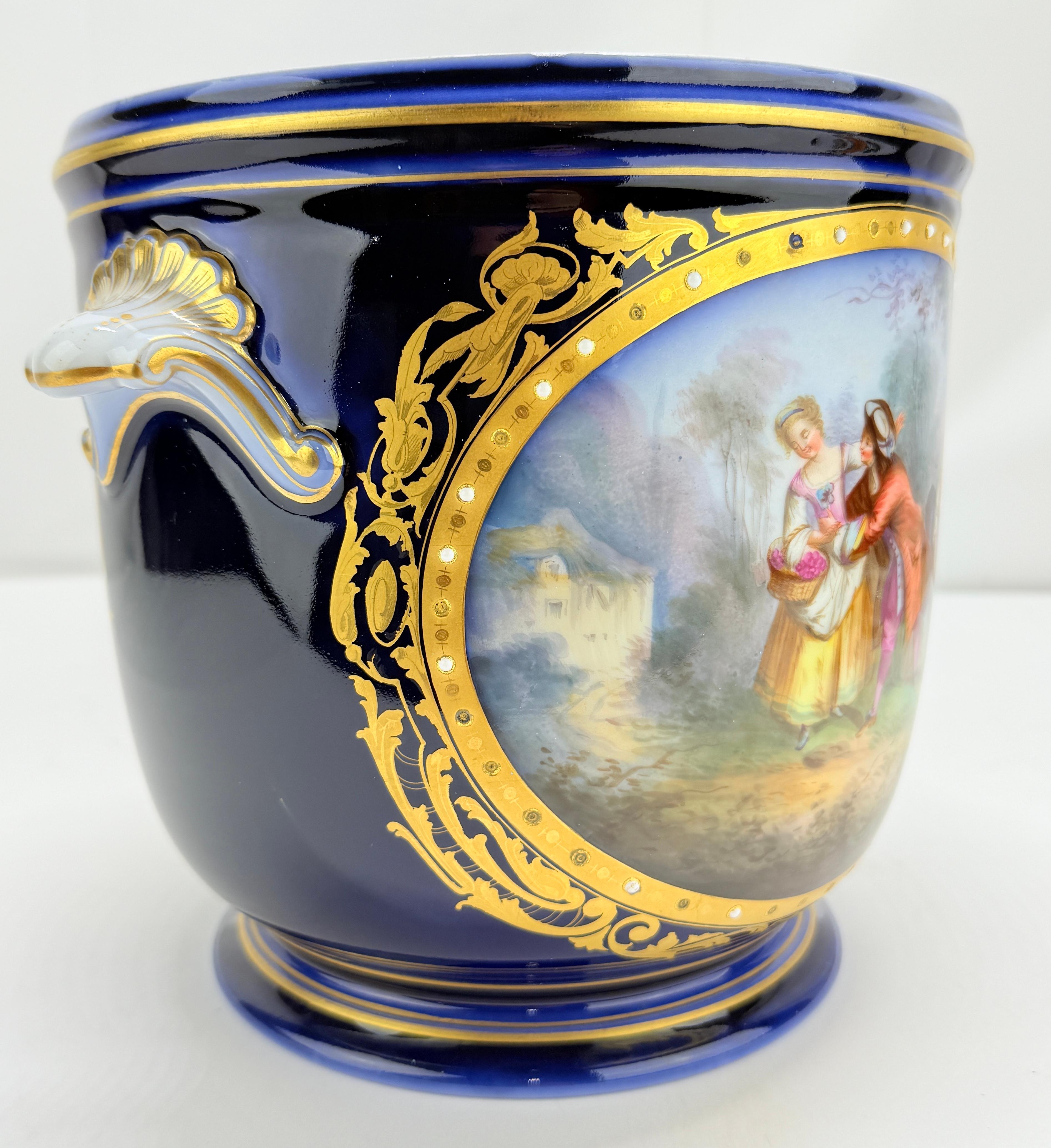 19th Century, Sevres Cobalt Porcelain & Hand Painted Jardiniere or Cache Pot For Sale 1