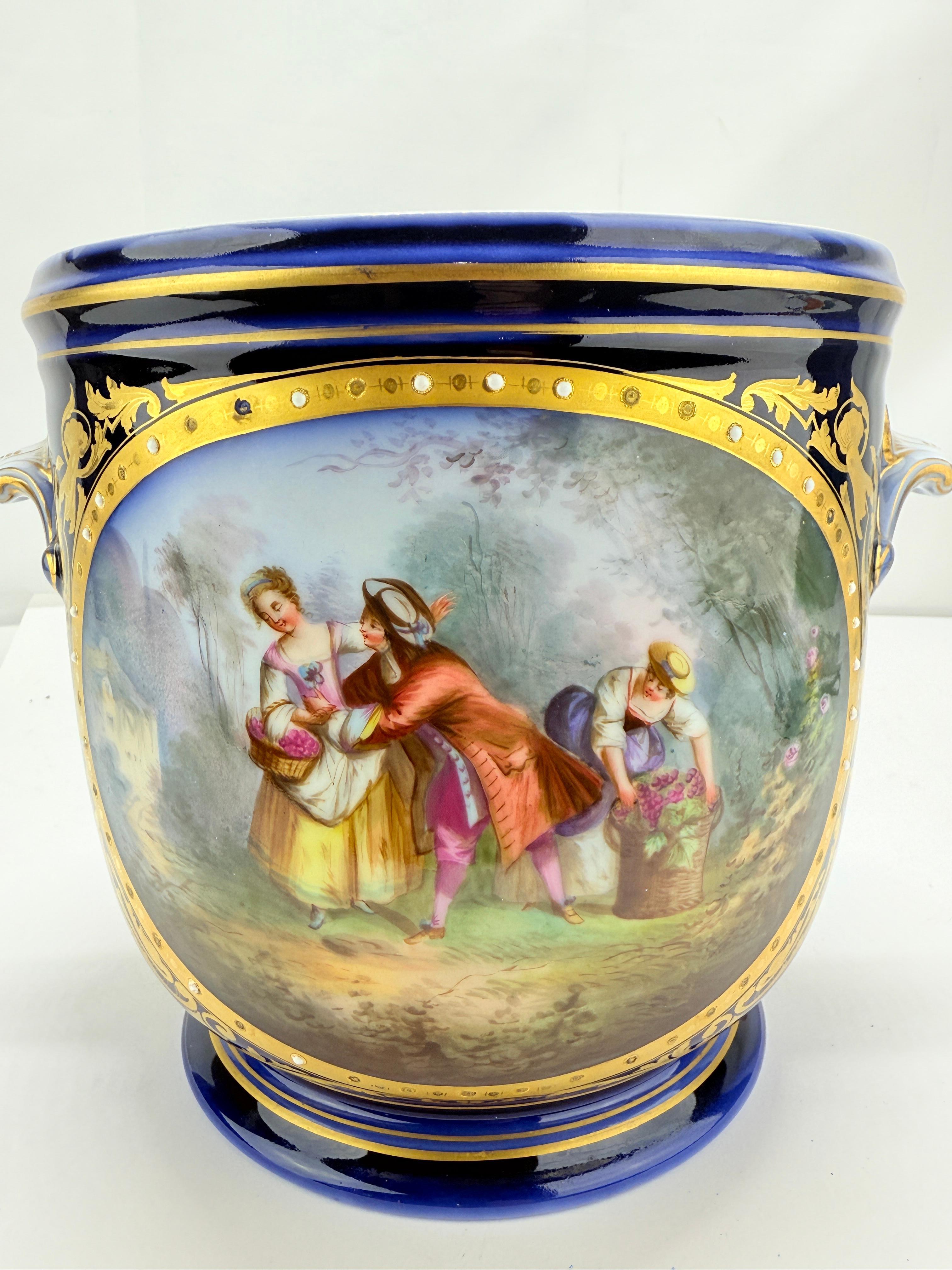 19th Century, Sevres Cobalt Porcelain & Hand Painted Jardiniere or Cache Pot For Sale 2