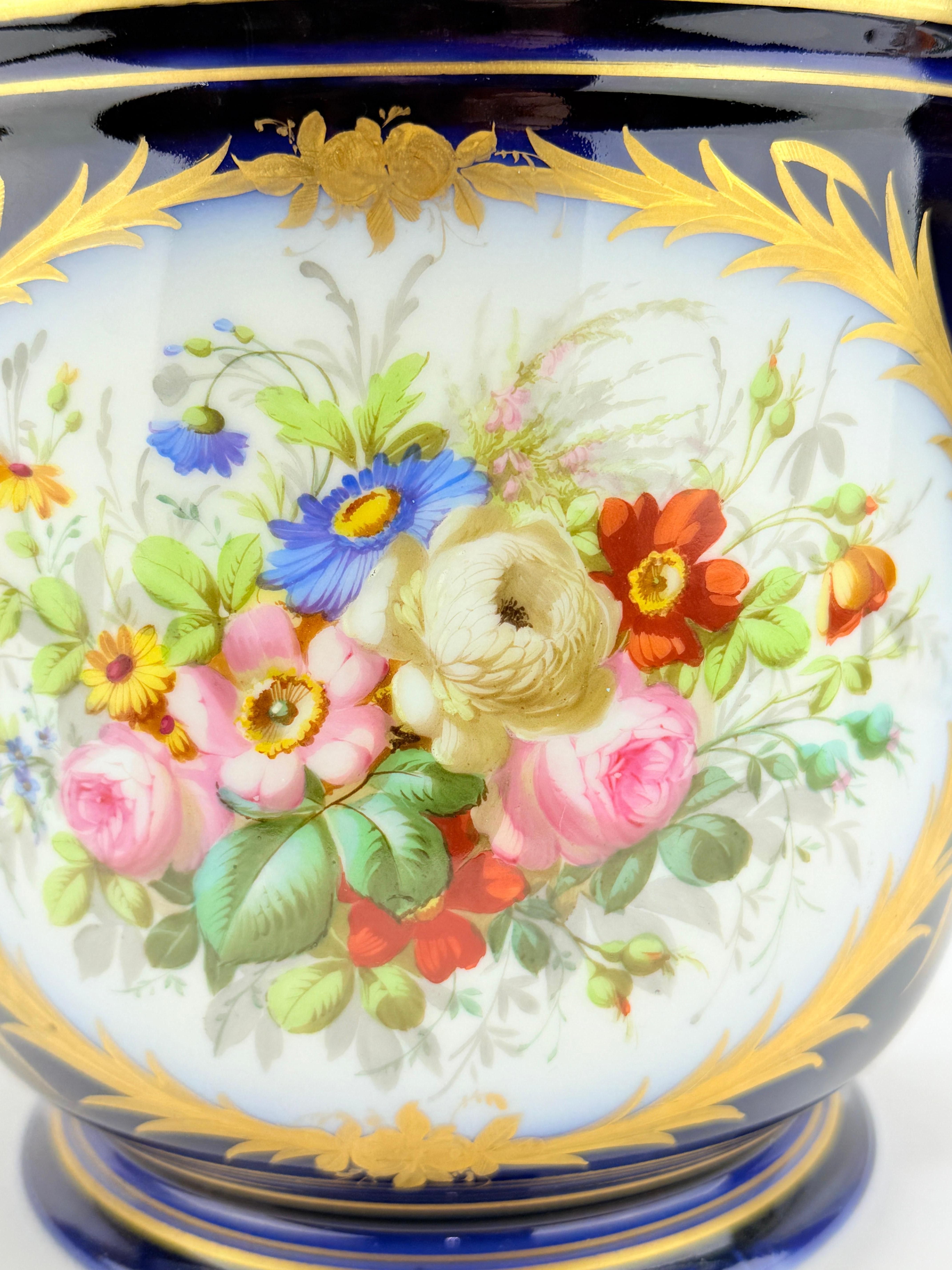 19th Century, Sevres Cobalt Porcelain & Hand Painted Jardiniere or Cache Pot For Sale 3
