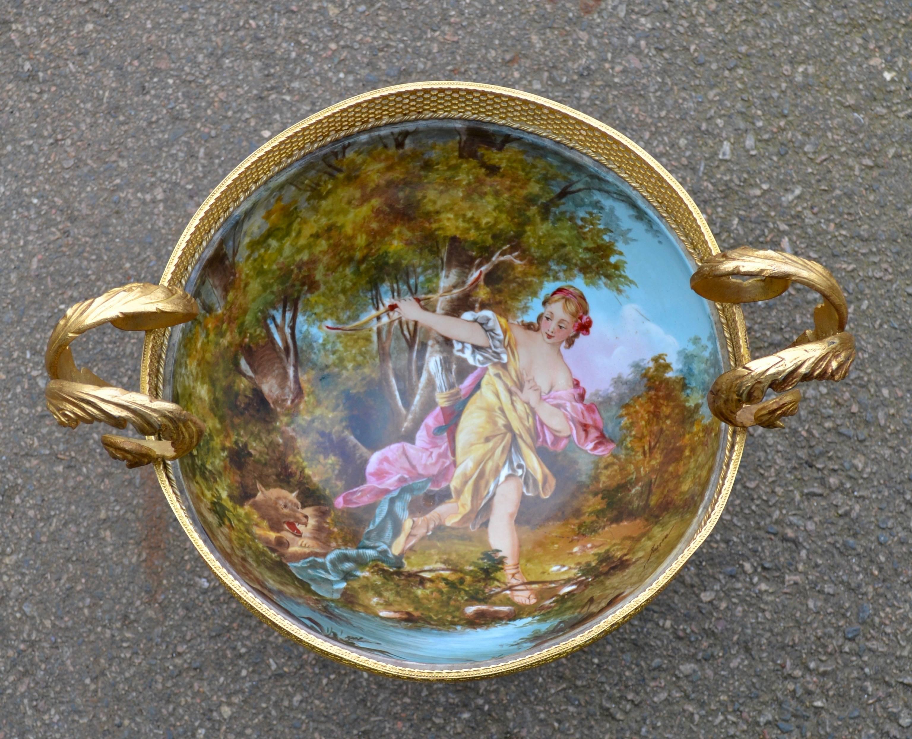 19th Century Sèvres French Hand-Painted Porcelain Jardiniére with Bronze Mounts For Sale 4