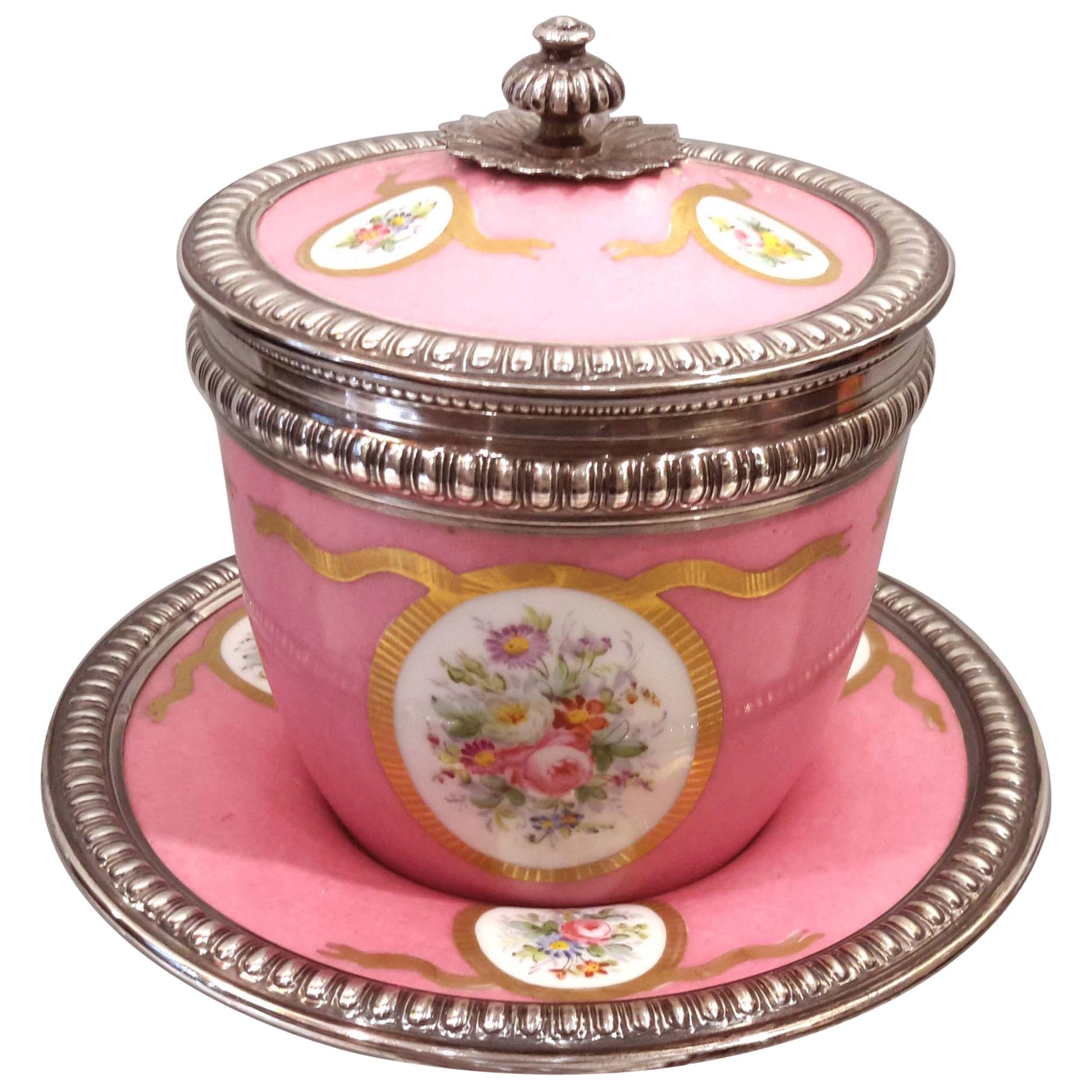19th Century Sèvres Porcelain Lidded Cup With Sterling Silver Mount