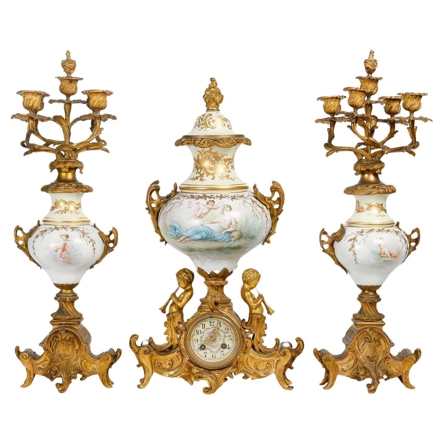 19th Century Sèvres Porcelain Mantel Set. For Sale