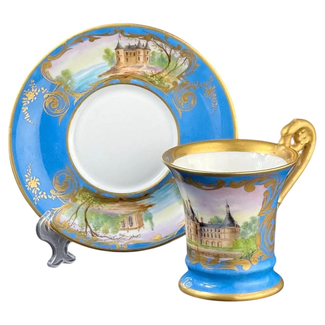 19th Century, Sèvres Style, Fine French Hand-Painted Porcelain Cup & Saucer