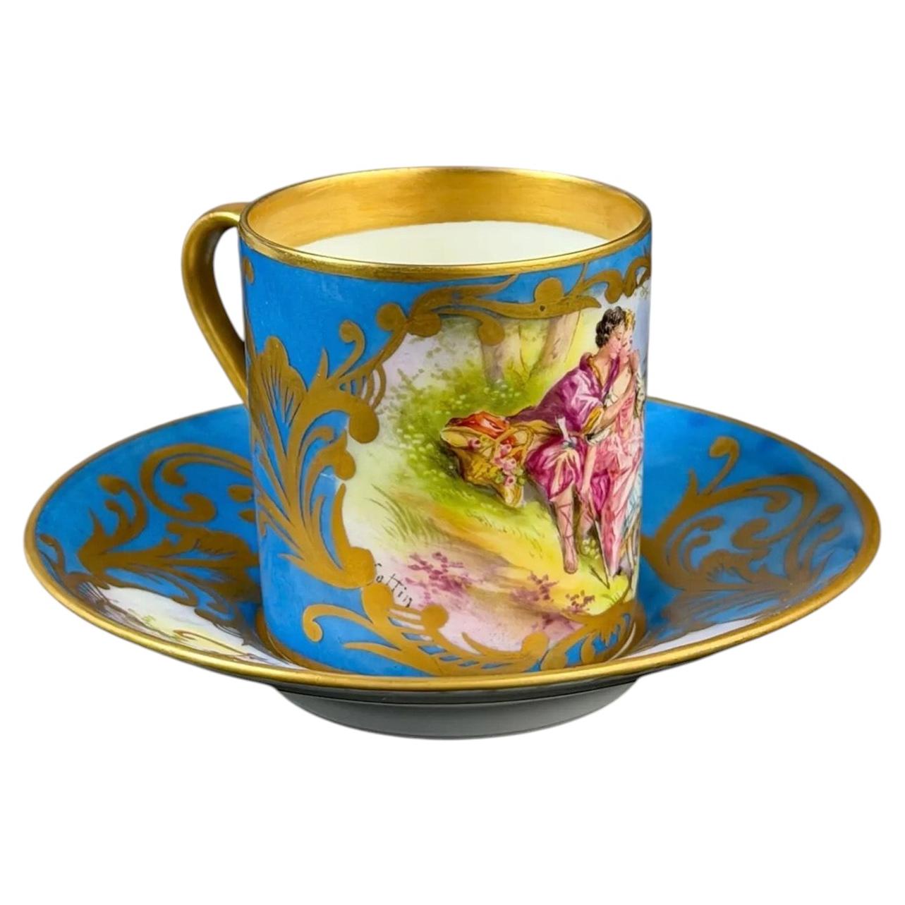 19th Century, Sèvres Style, Fine French Hand-Painted Porcelain Cup & Saucer