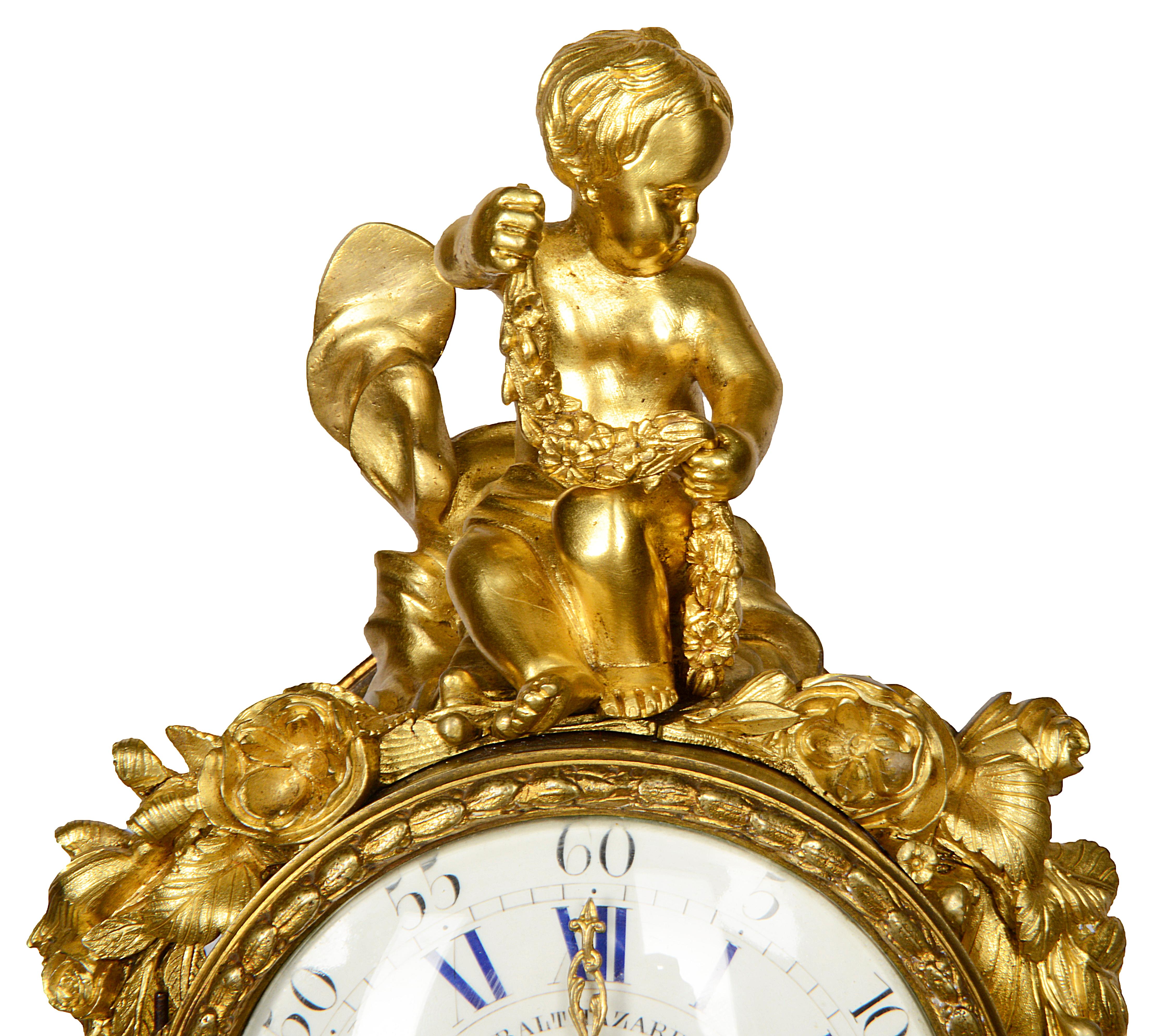 A wonderful French 19th century gilded ormolu mantel clock, having a putti mounted to the top holding garlands of flowers, draping down the case, Rams heads and urns of flowers. The turquoise Sevres style porcelain plaques depicting classical and