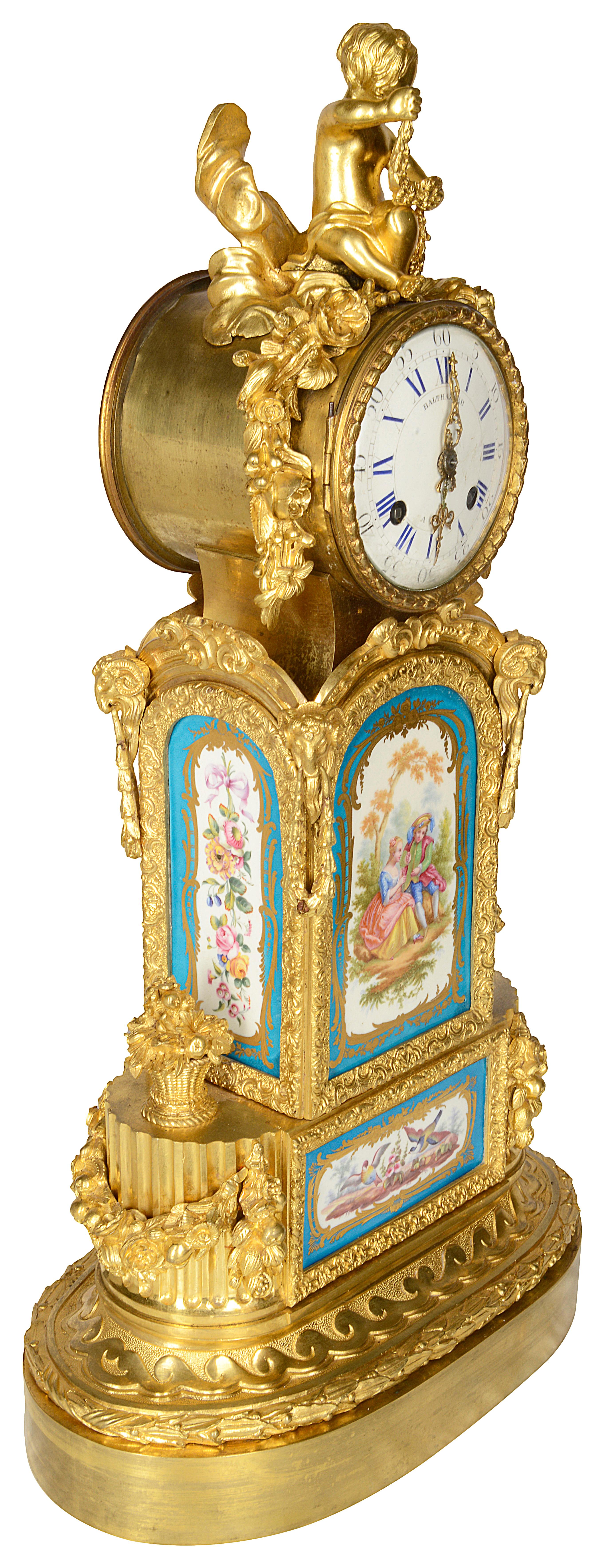 French 19th Century Sevres Style Gilded Ormolu Mantel Clock For Sale