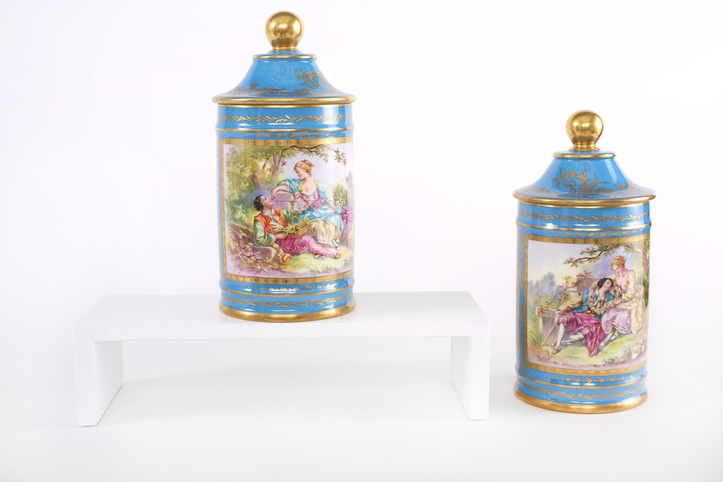 French Large Pair 19th Century Sevres Style Porcelain Covered Jars For Sale