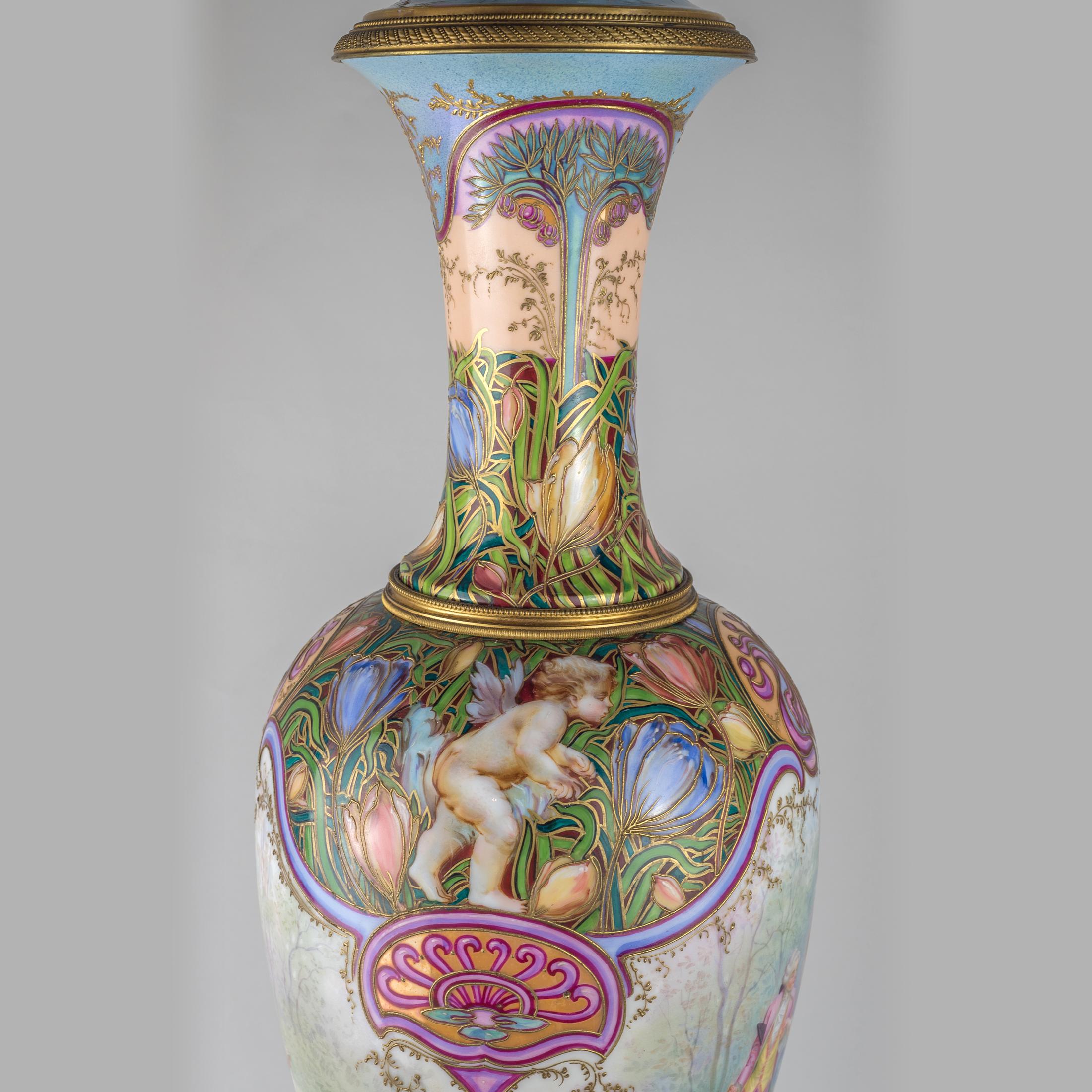 French 19th Century Sèvres Style Gilt Porcelain Iridescent Glaze Portrait Vase For Sale
