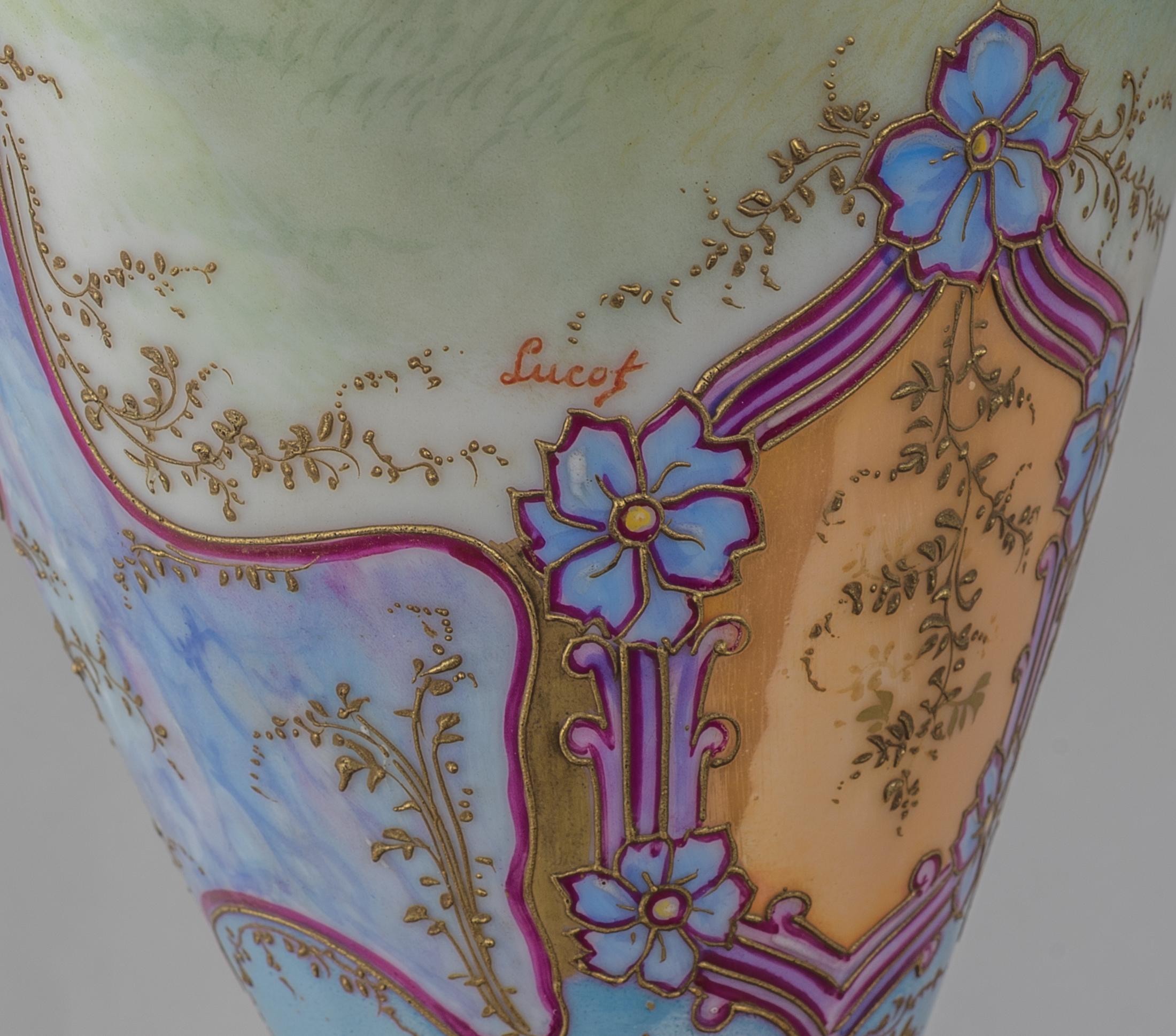 Painted 19th Century Sèvres Style Gilt Porcelain Iridescent Glaze Portrait Vase For Sale