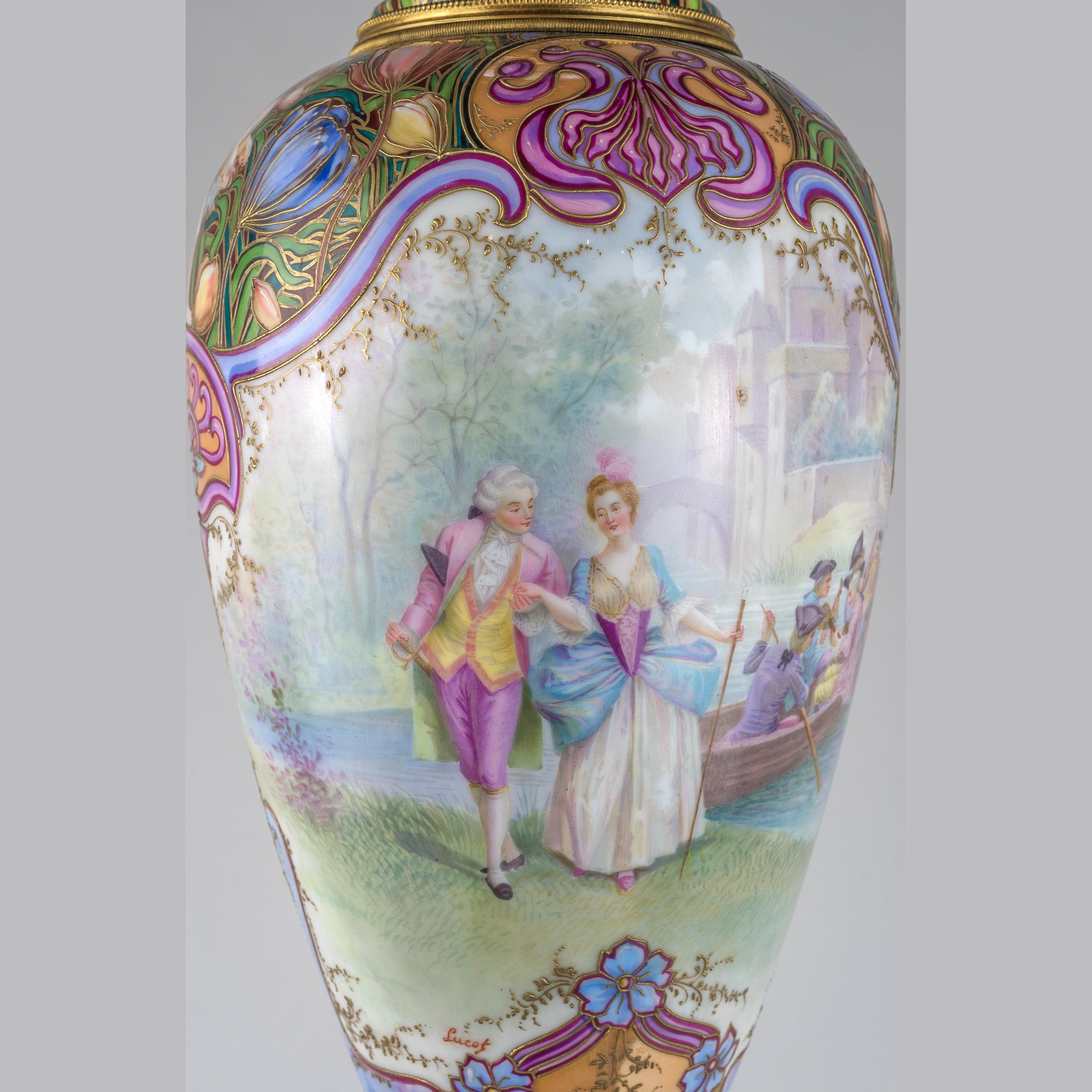 19th Century Sèvres Style Gilt Porcelain Iridescent Glaze Portrait Vase For Sale 1