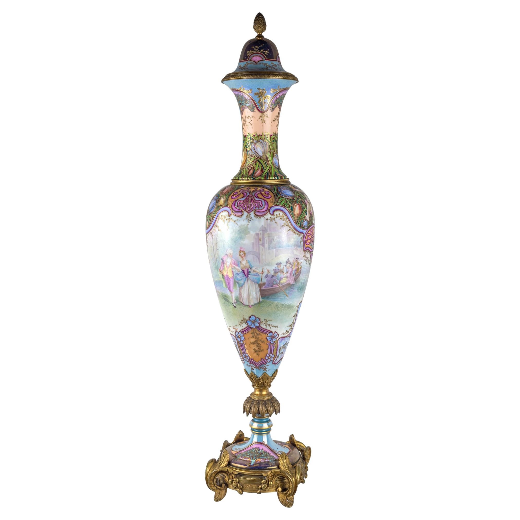 19th Century Sèvres Style Gilt Porcelain Iridescent Glaze Portrait Vase For Sale