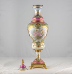 19th Century Sèvres Style Gilt Porcelain Pink Iridescent Glaze Portrait Vase