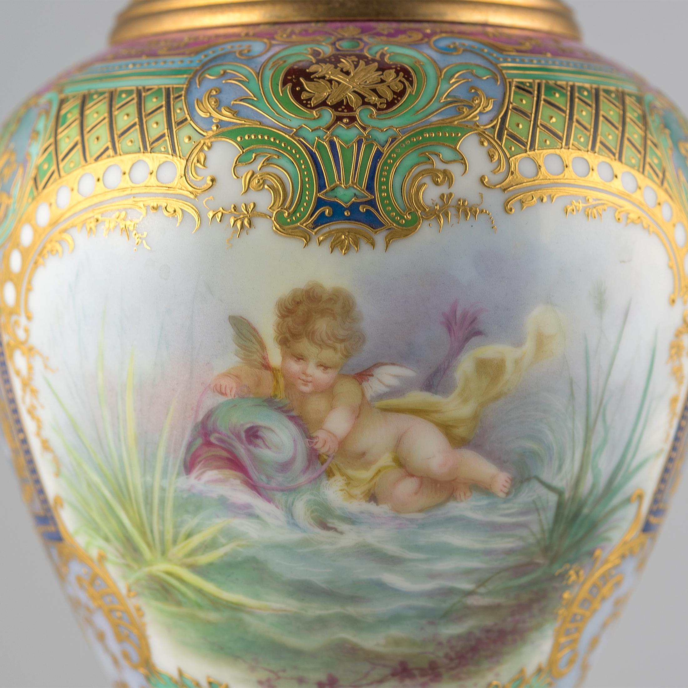 Painted 19th Century Sèvres Style Gilt Porcelain Pink Iridescent Glaze Portrait Vase For Sale