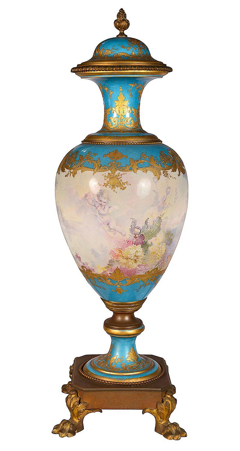 Hand-Painted 19th Century Sevres style lidded vase. For Sale