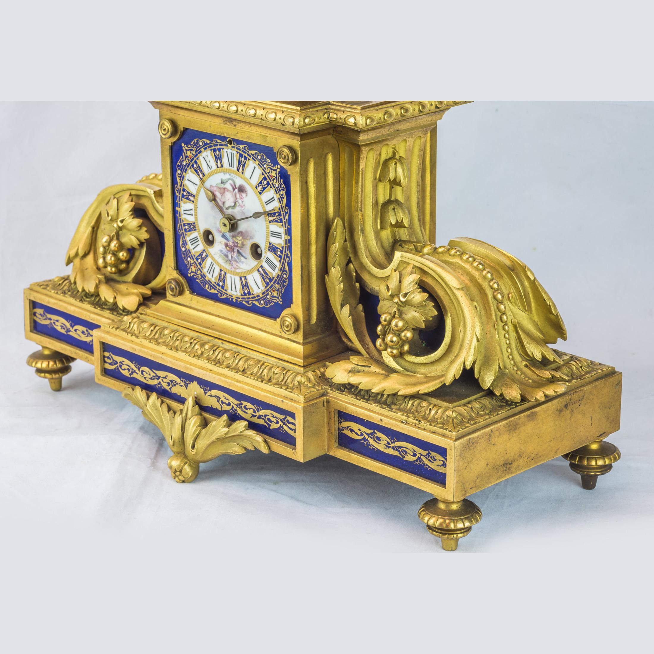 French 19th Century Sèvres Style Ormolu and Cobalt-Blue Painted Porcelain Clockset For Sale