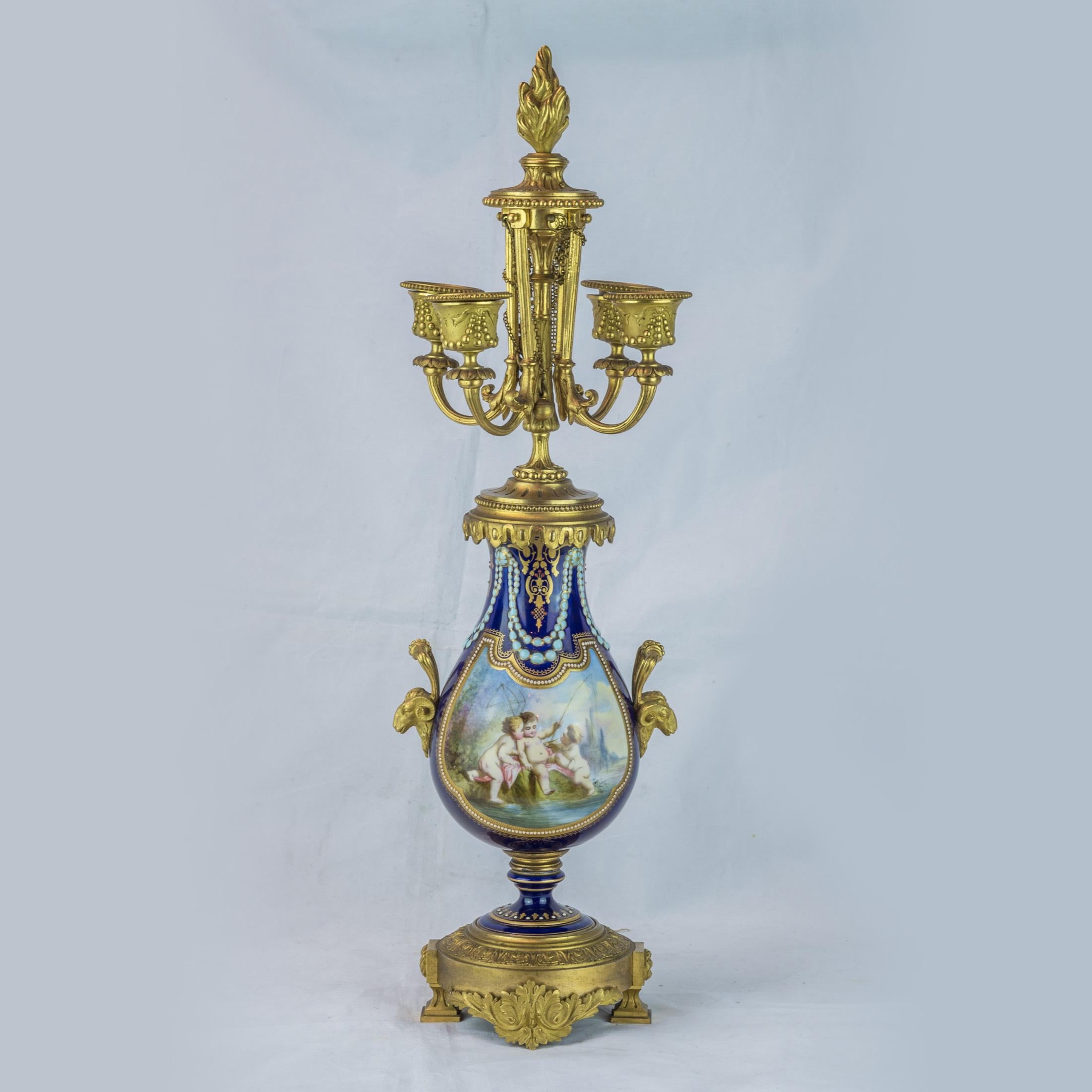Gilt 19th Century Sèvres Style Ormolu and Cobalt-Blue Painted Porcelain Clockset For Sale