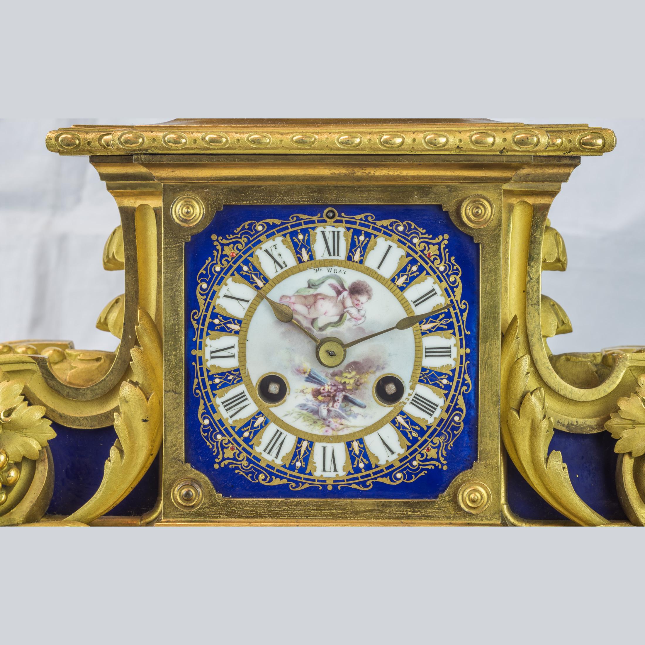 19th Century Sèvres Style Ormolu and Cobalt-Blue Painted Porcelain Clockset For Sale 1