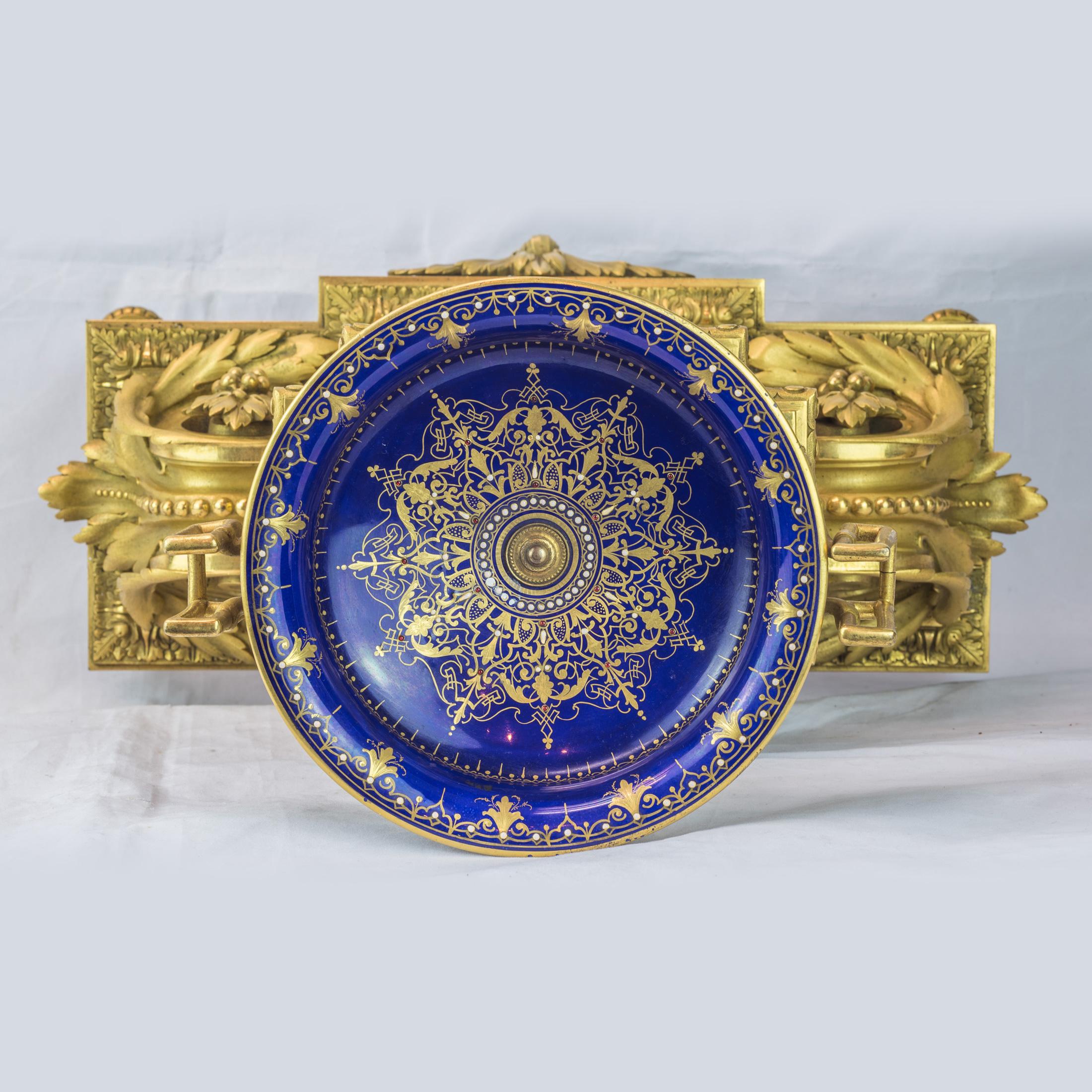 19th Century Sèvres Style Ormolu and Cobalt-Blue Painted Porcelain Clockset For Sale 1